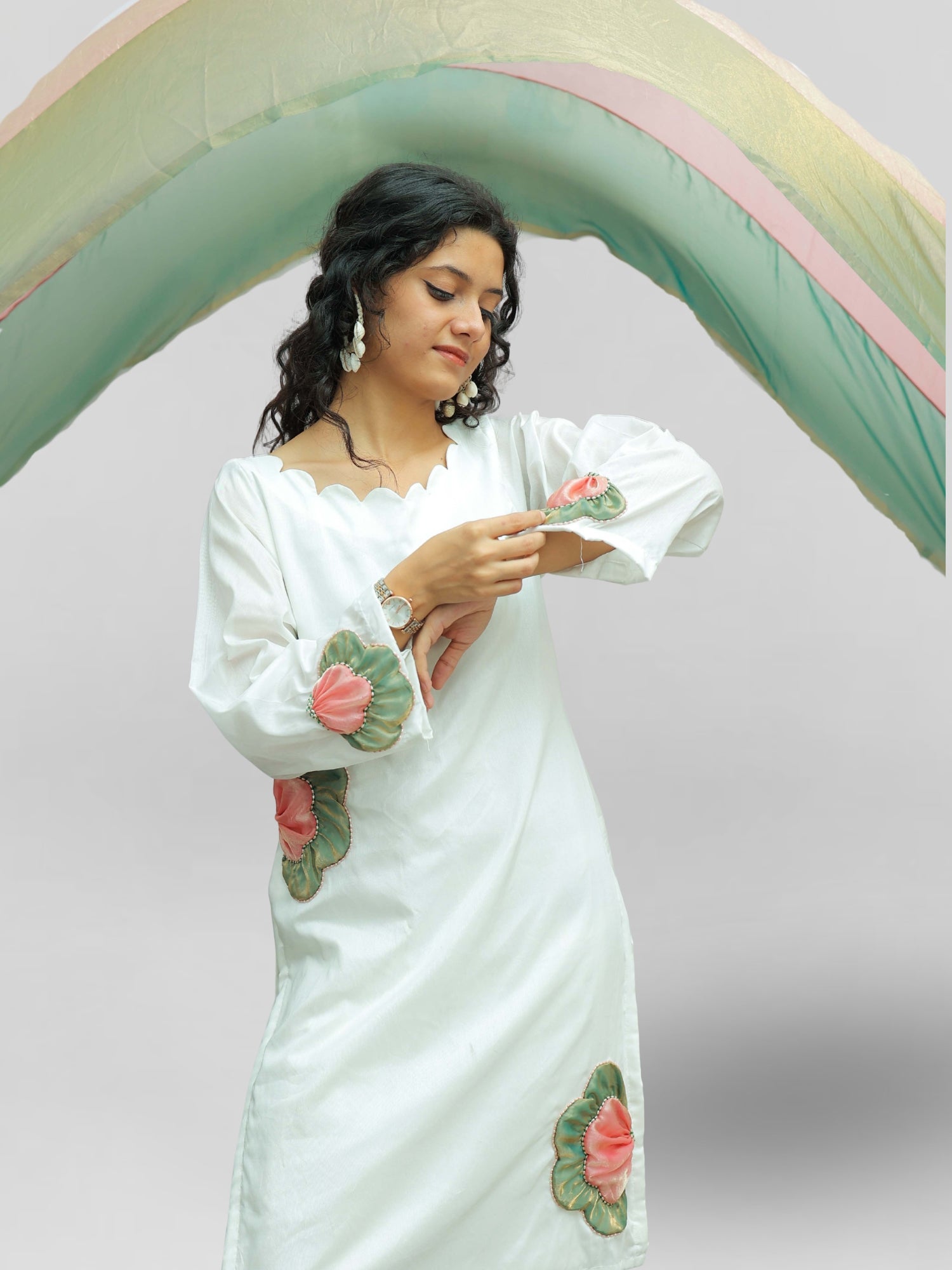 Shifa-Luxury Kurta Set with Handcrafted Zari Patch Work with contrast Pink & Dusty Green Dupatta