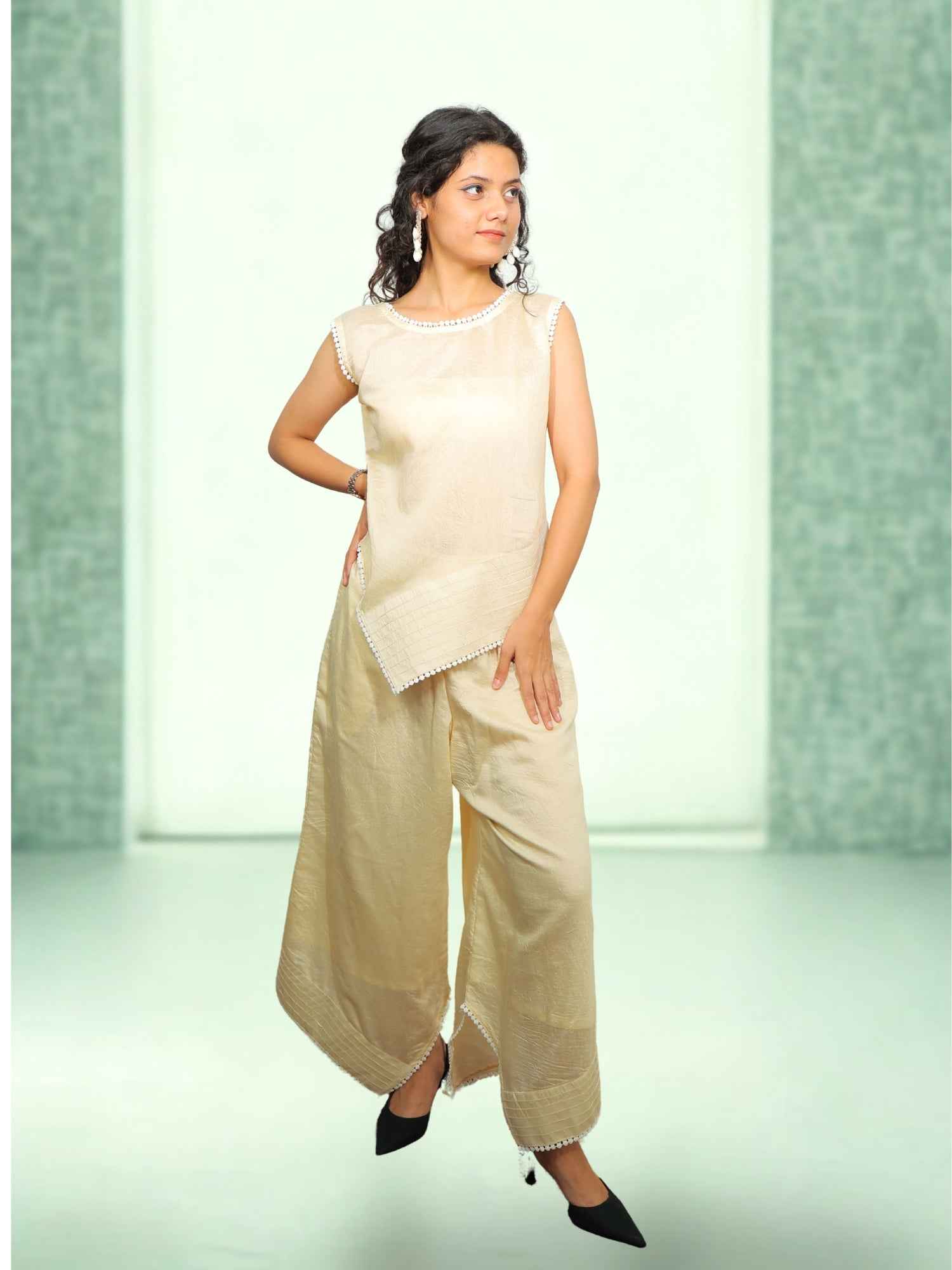 Luxury Butter Yellow Mul Chanderi Co-ord Set with Pintex & Lace Work for Women
