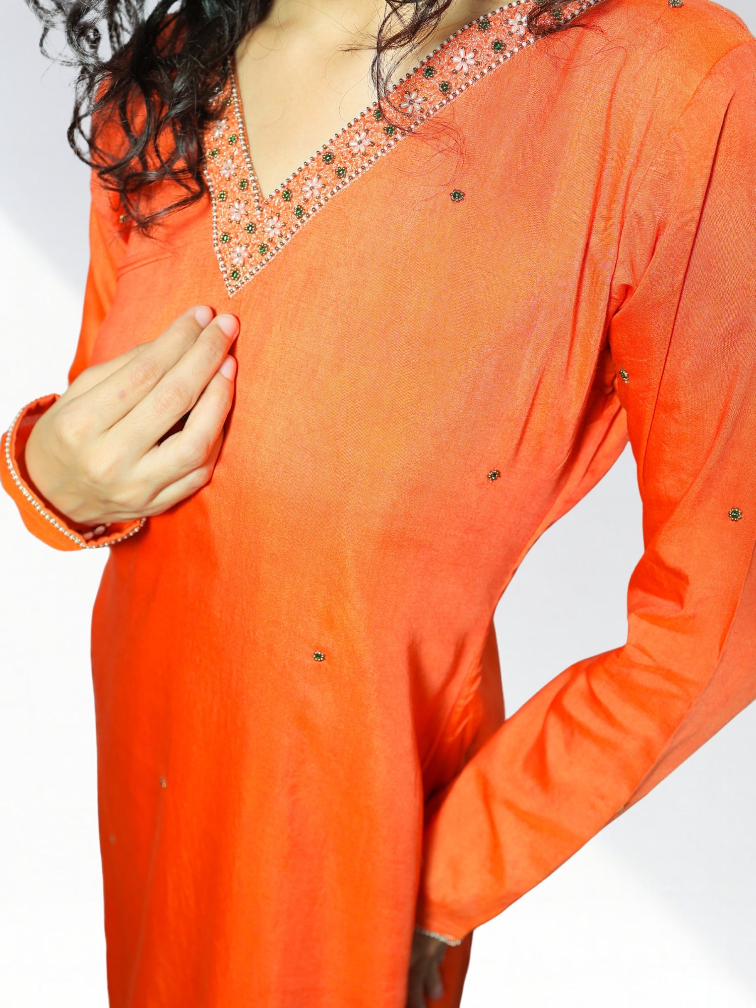 Nawaabiyat Dusty Orange Muslin Kurta Palazzo Set with Contrast Organza Dupatta | Handcrafted Zari & Zardozi