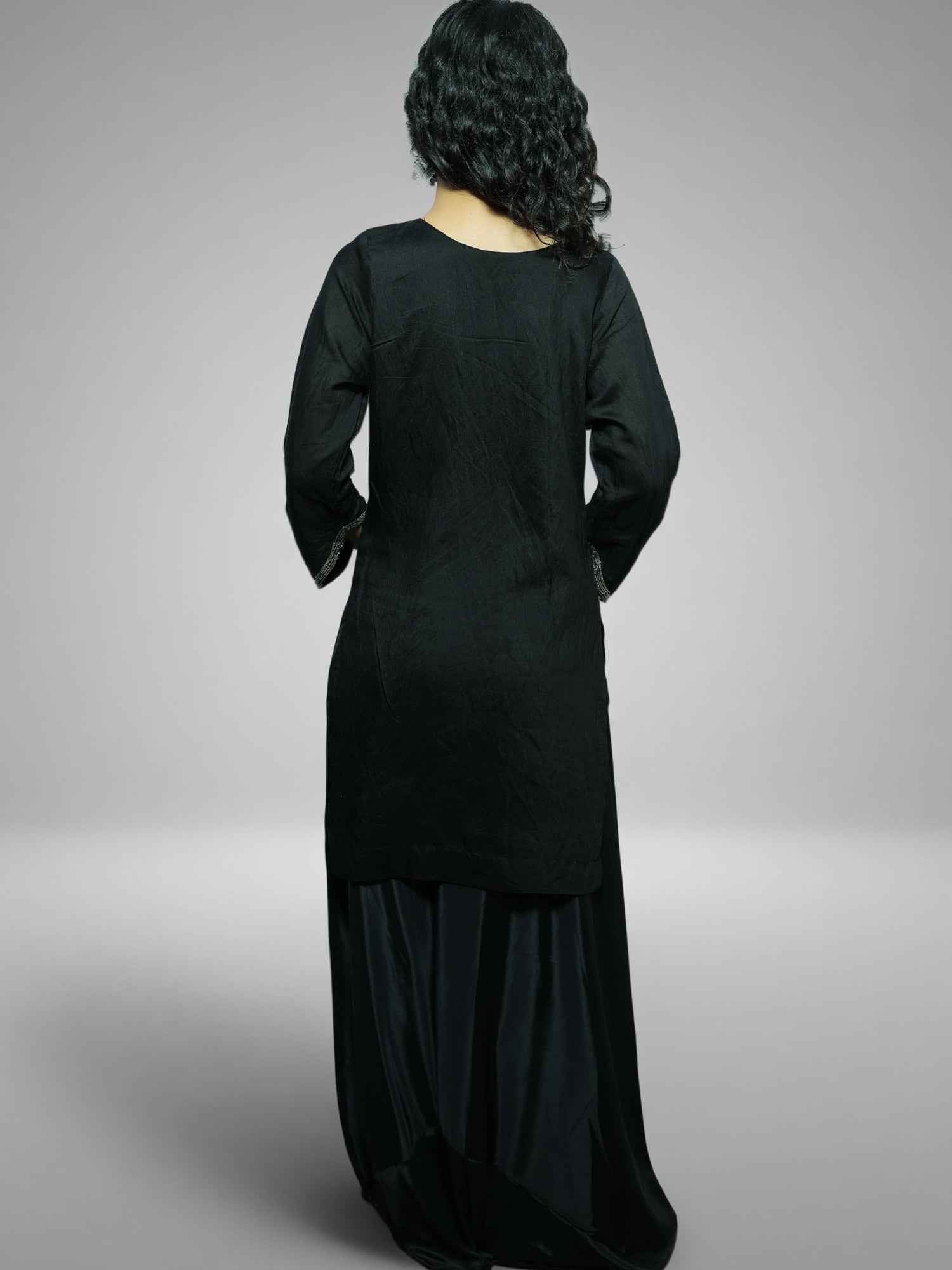 Nawaabiyat Black Mul Chanderi Kurti with Plazo & Organza Dupatta Set for Women | Hand-Embroidery Zari Work