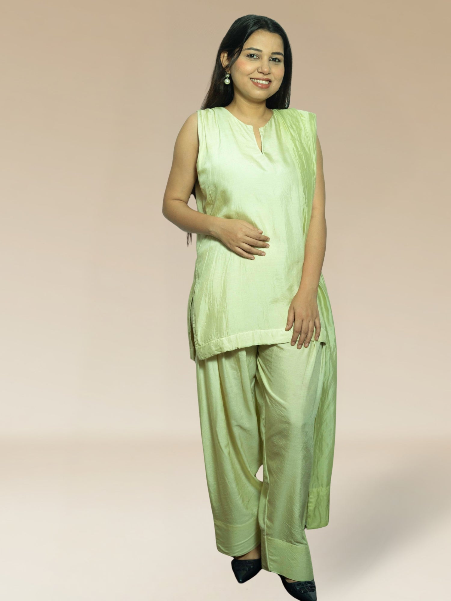 Nawaabiyat Pista Green Muslin Kurti Farshi Salwar Dupatta Set for Women | Designer Ethnic Wear