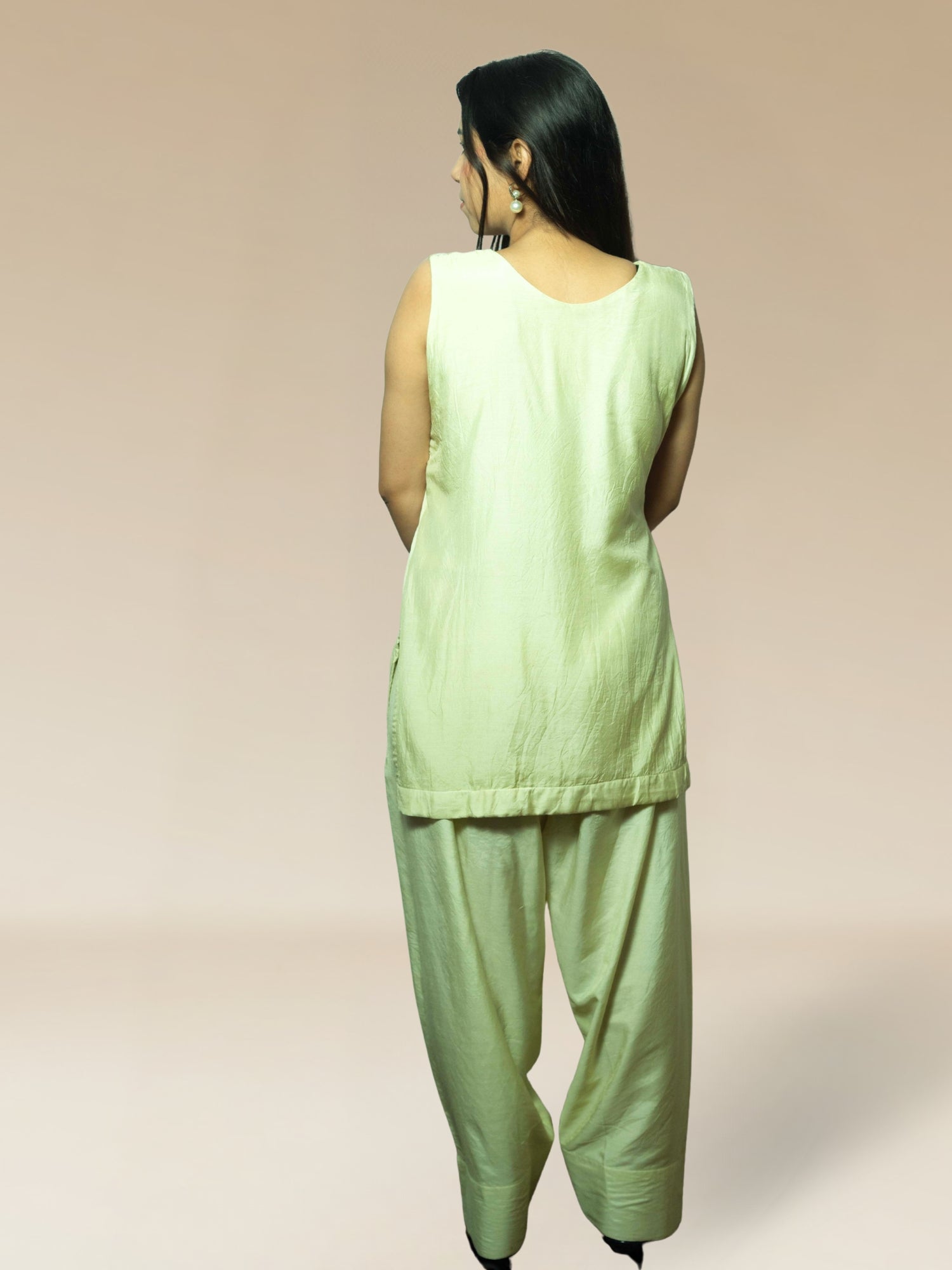 Nawaabiyat Pista Green Muslin Kurti Farshi Salwar Dupatta Set for Women | Designer Ethnic Wear