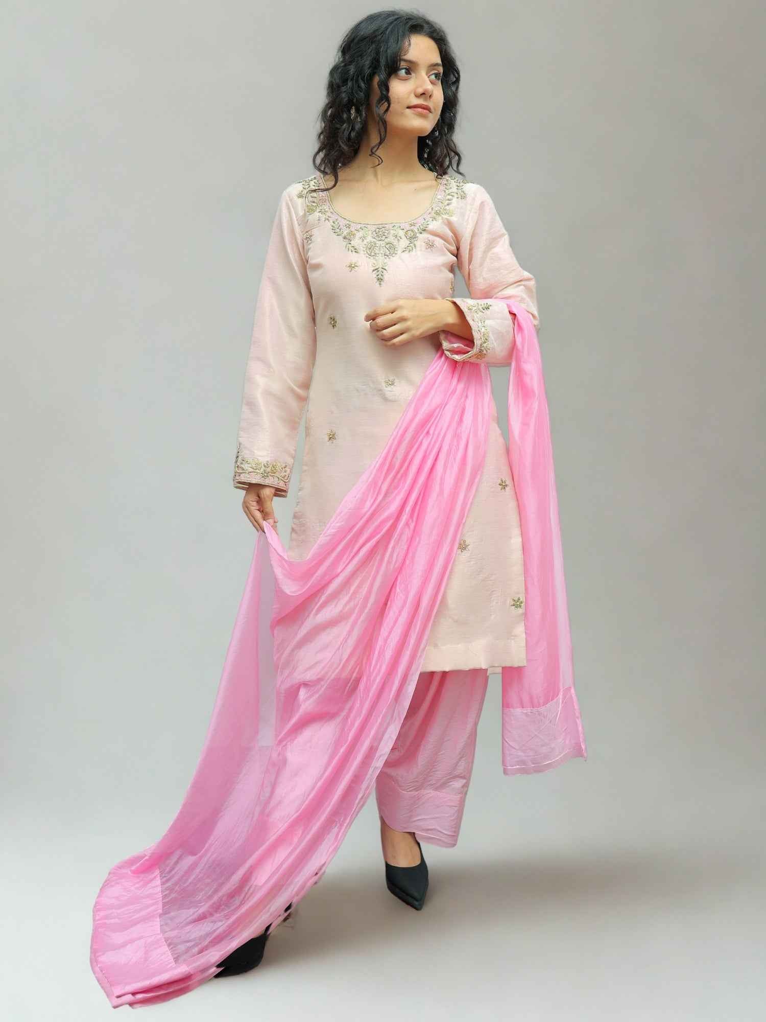 Luxury Golden Tissue Kurta Set with Handcrafted Zari & Zardozi Work and Contrast Pink Organza Dupatta