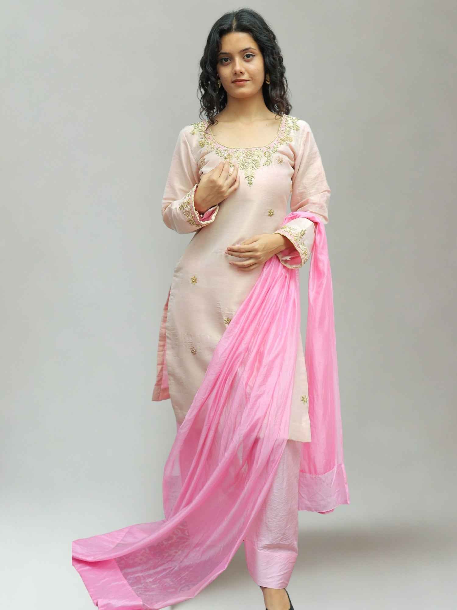 Luxury Golden Tissue Kurta Set with Handcrafted Zari & Zardozi Work and Contrast Pink Organza Dupatta