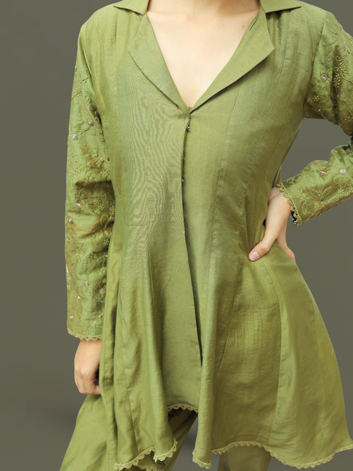 Hoor-Olive Green hand crafted sleeve Asymmetrical Kurta and Pant