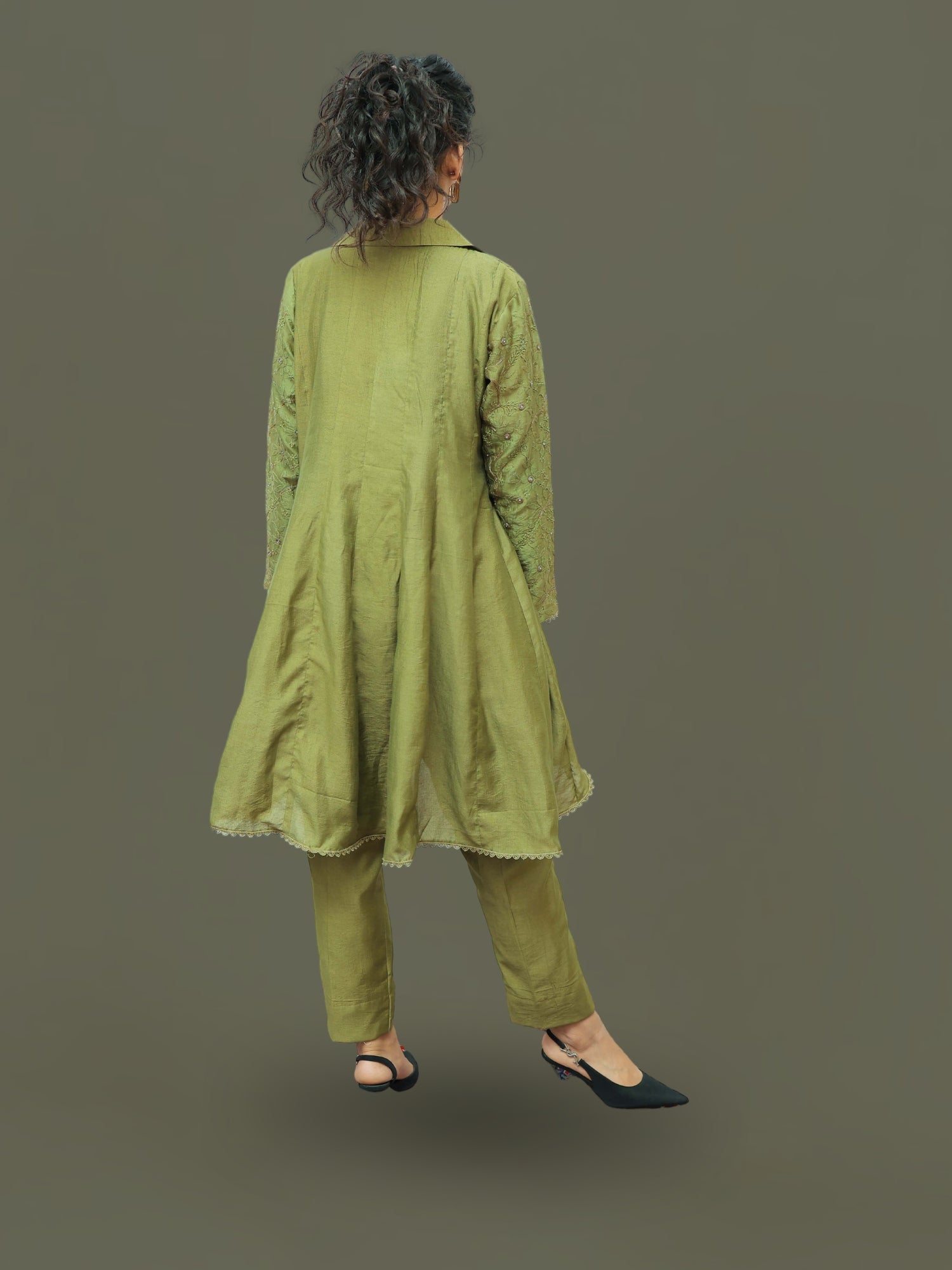 Hoor-Olive Green hand crafted sleeve Asymmetrical Kurta and Pant