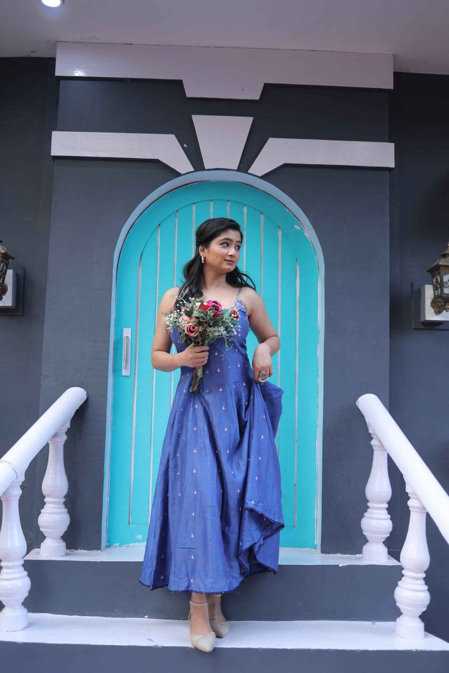 Neelaya Grace – Hand-Embroidered Chikankari & Zardozi Vintage Strap Dress in Blue