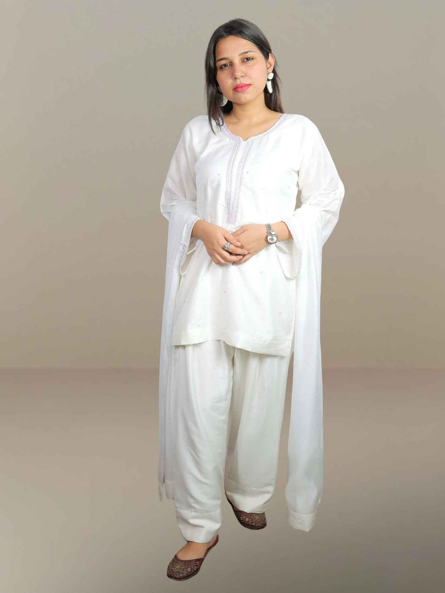Nawaabiyat White Mul Chanderi Kurti Salwar Dupatta Set for Women | Handcrafted Zari & Zardozi Work