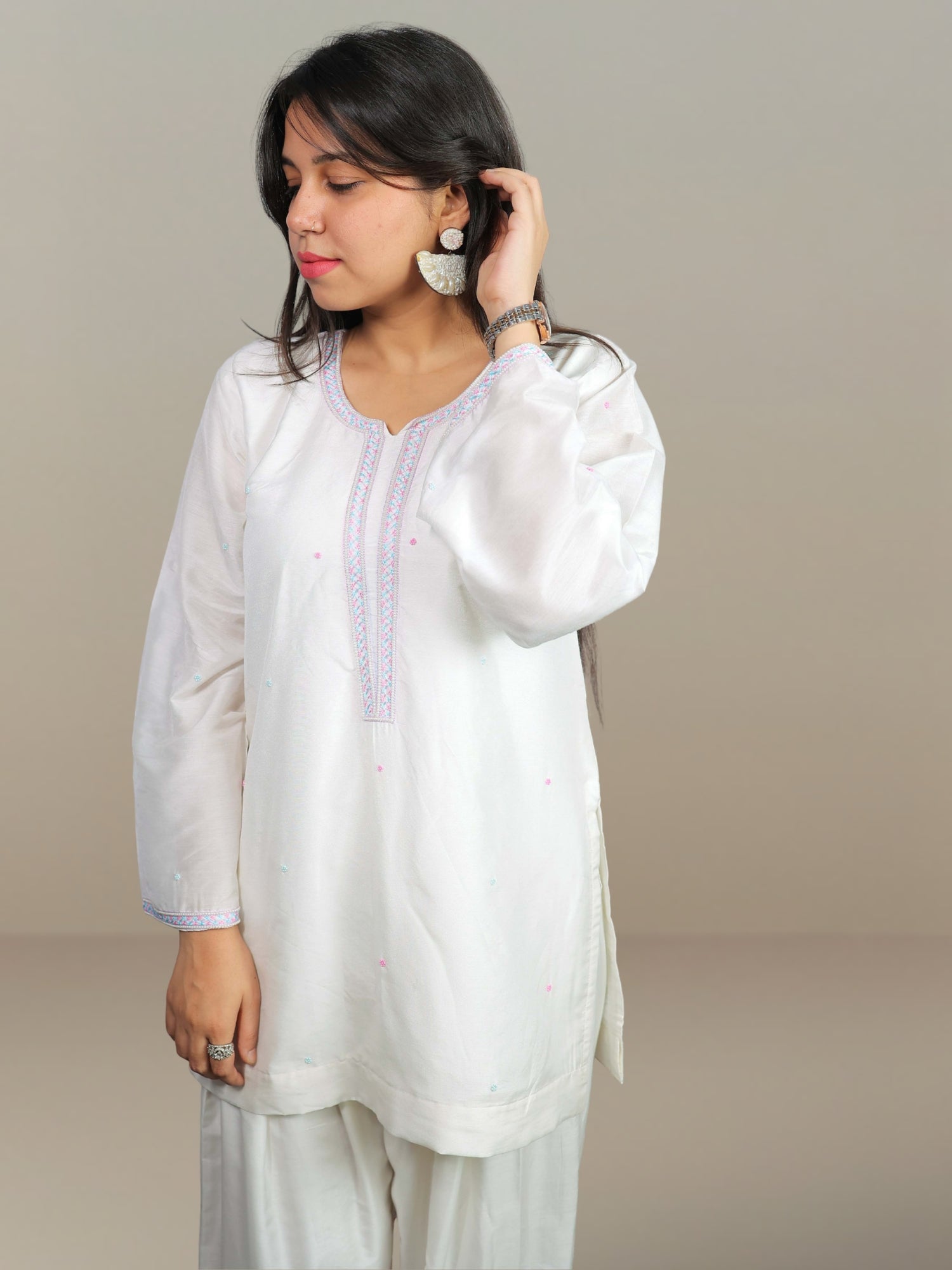Nawaabiyat White Mul Chanderi Kurti Salwar Dupatta Set for Women | Handcrafted Zari & Zardozi Work