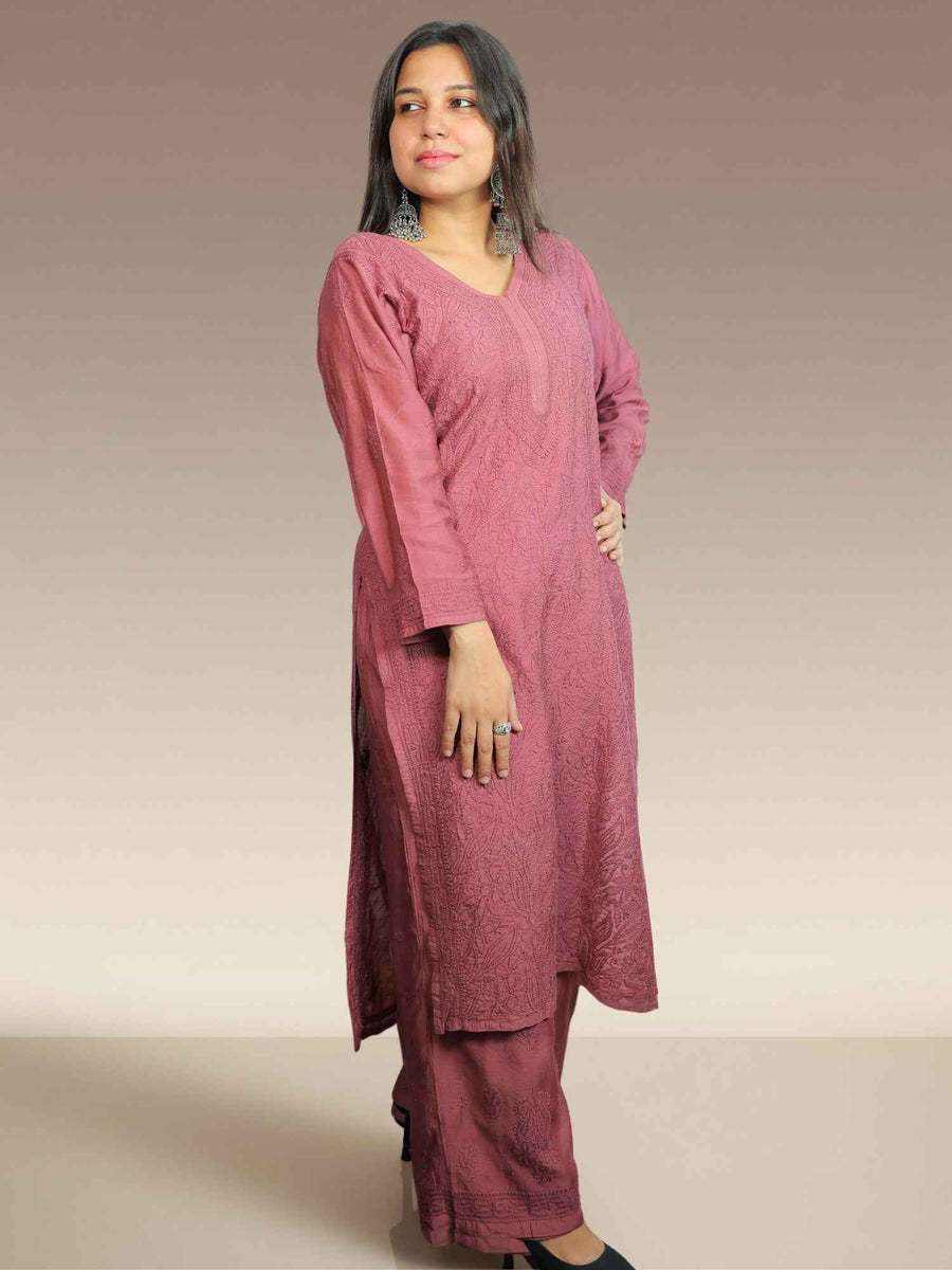 Dusty Purple Mul Chanderi Chikankari Kurti Pant Set for Women | Designer Ethnic Wear