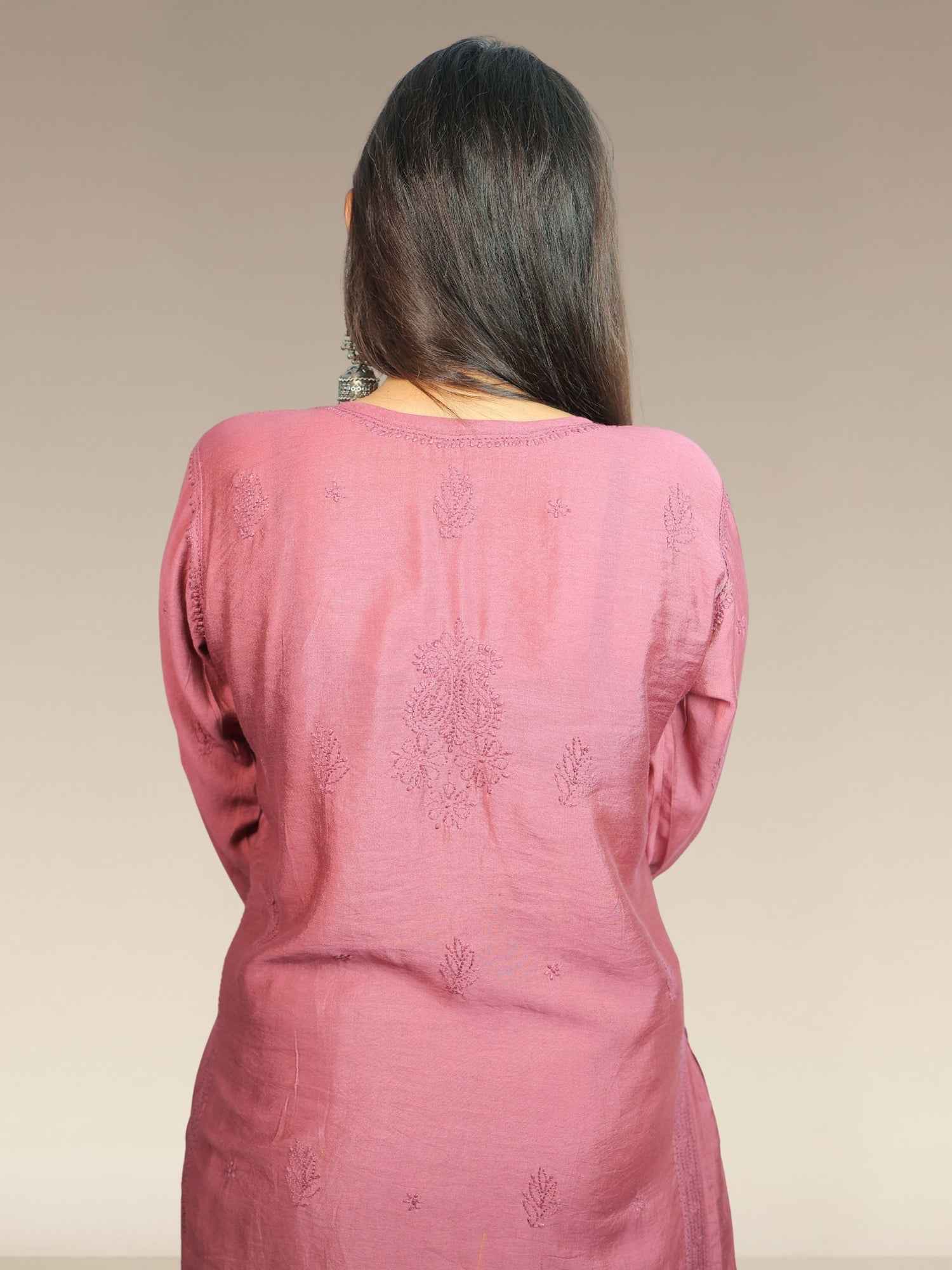 Nawaabiyat Dusty Purple Mul Chanderi Chikankari Kurti Pant Set for Women | Designer Ethnic Wear