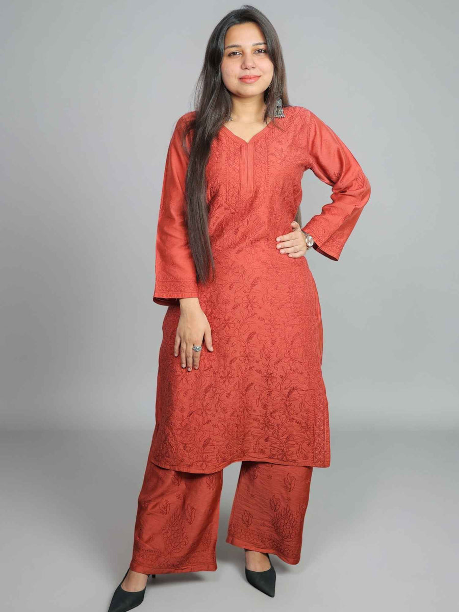 Nawaabiyat Dusty Maroon Mul Chanderi Chikankari Kurti Pant Set for Women | Designer Ethnic Wear