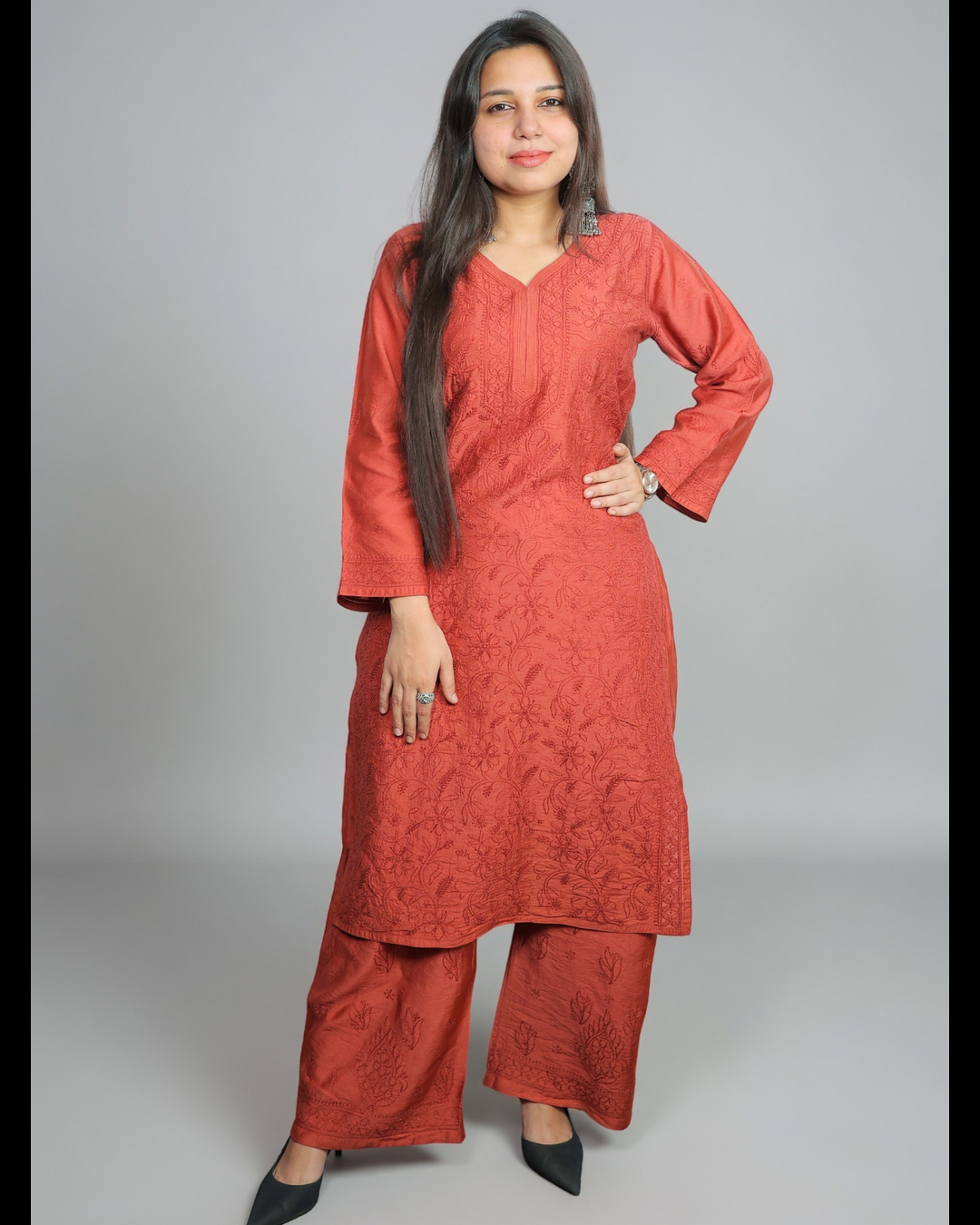 Dusty Maroon Chikankari Kurti Pant Set in Mul Chanderi | Nawaabiyat