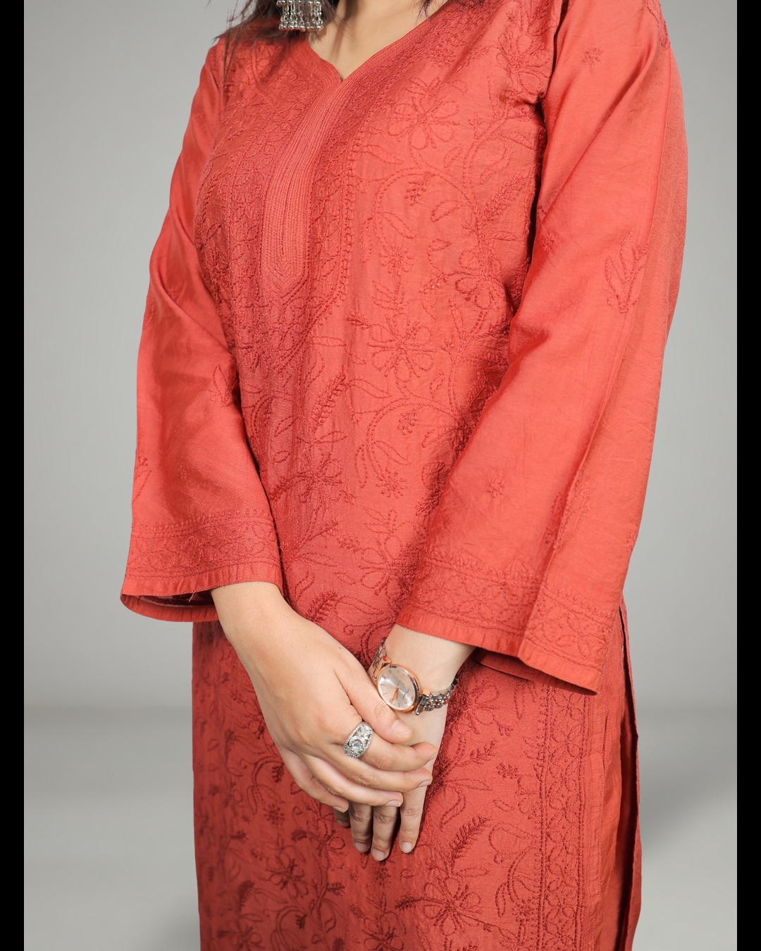 Dusty Maroon Chikankari Kurti Pant Set in Mul Chanderi | Nawaabiyat