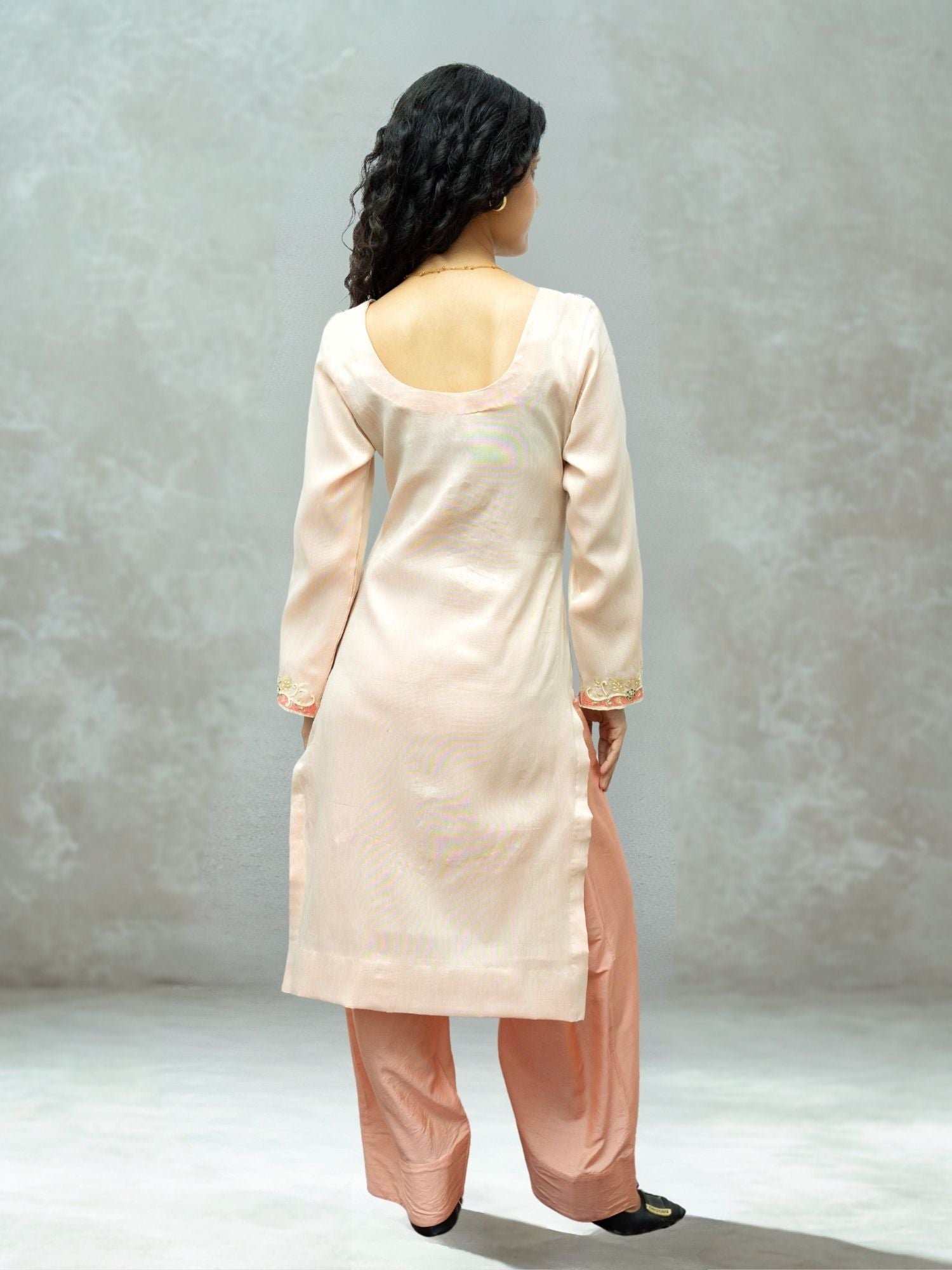 Panchi peach tissue kurta set with Zardogi embroidery farshi pant and Dupatta