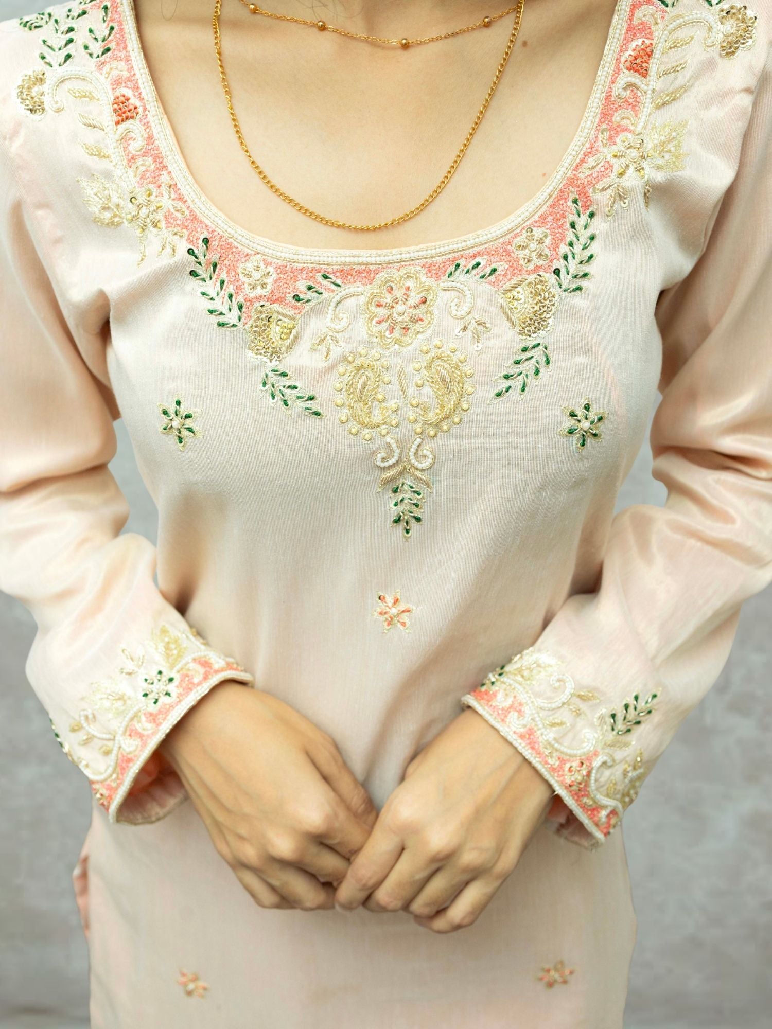 Panchi peach tissue kurta set with Zardogi embroidery farshi pant and Dupatta