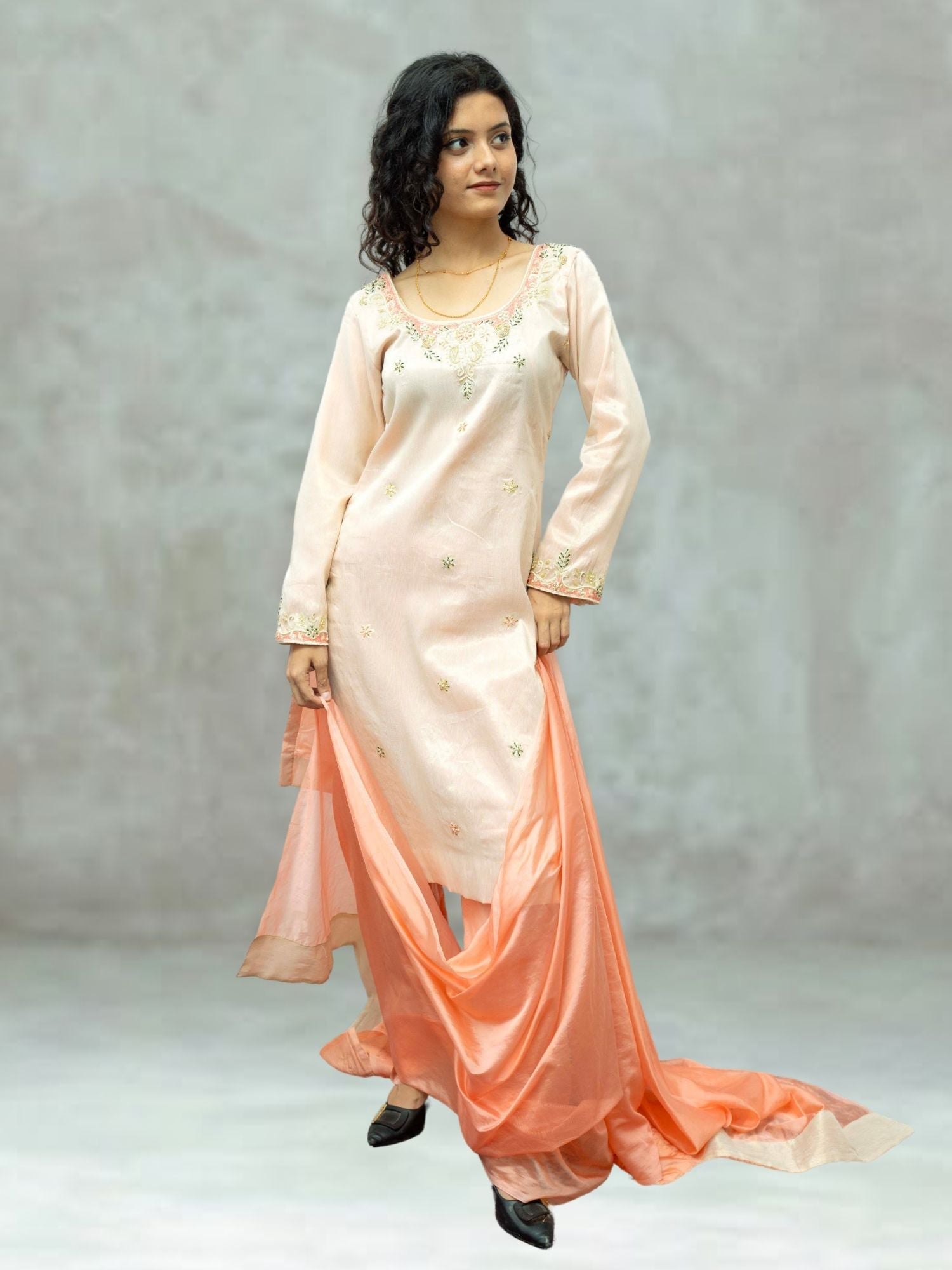 Panchi peach tissue kurta set with Zardogi embroidery farshi pant and Dupatta