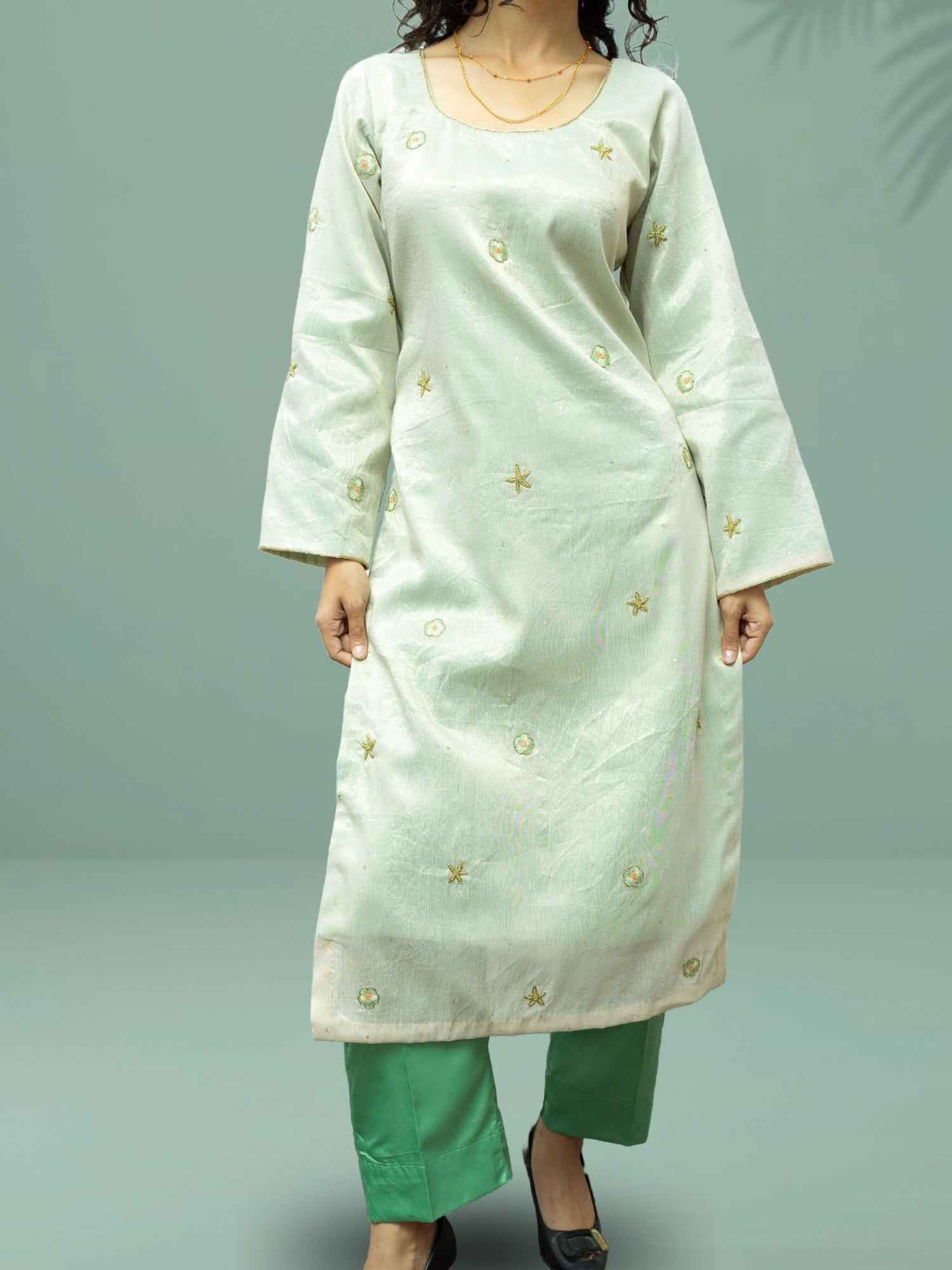 Nawaabiyat Green Tissue Kurta Set with Handcrafted Zardozi Work