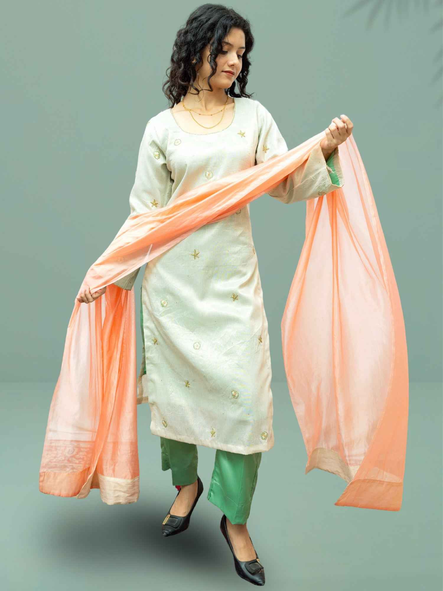 Nawaabiyat Green Tissue Kurta Set with Handcrafted Zardozi Work