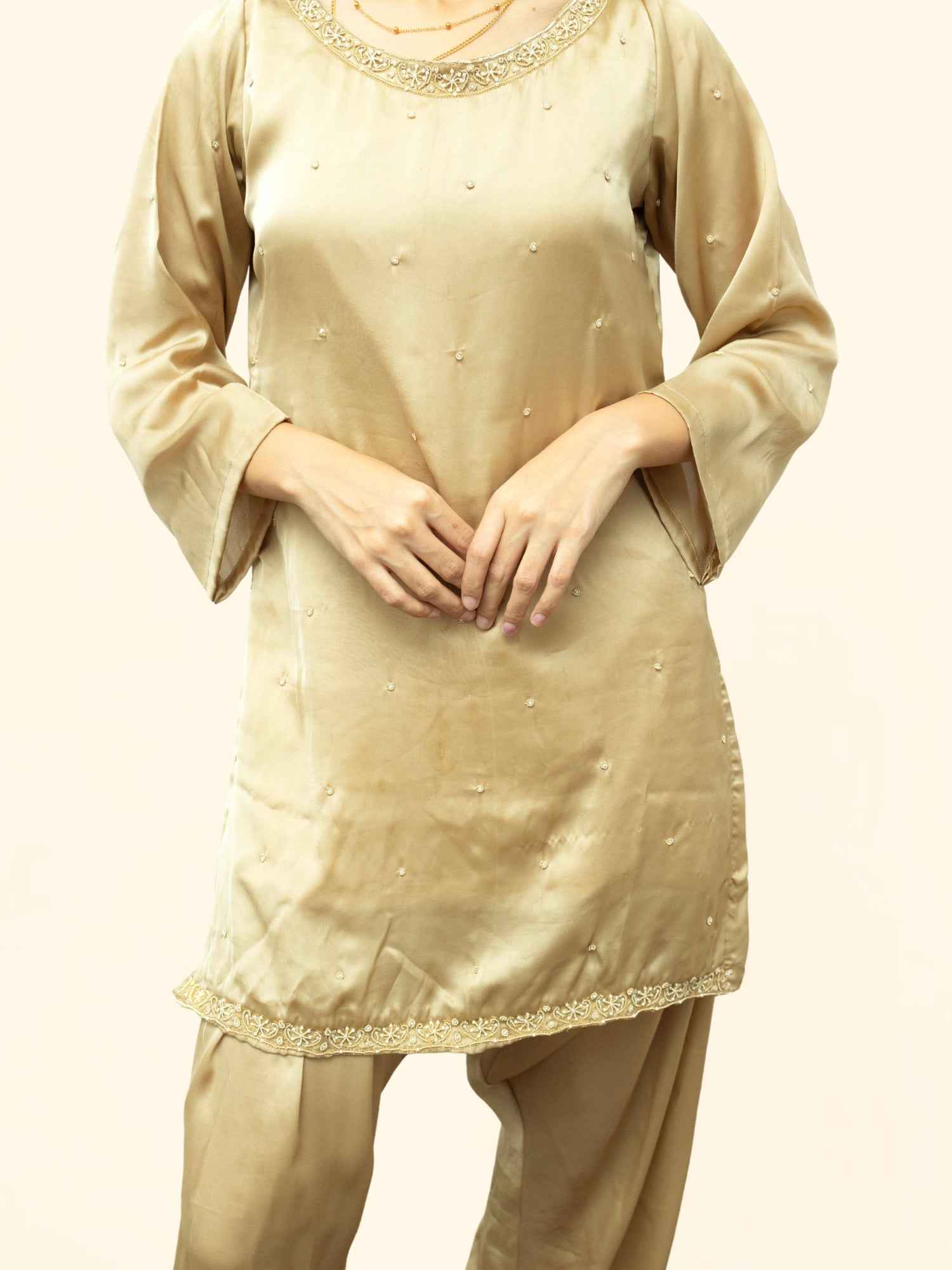 Beige Luxury Ethnic Suit Set with Handcrafted Zardozi Work for Women