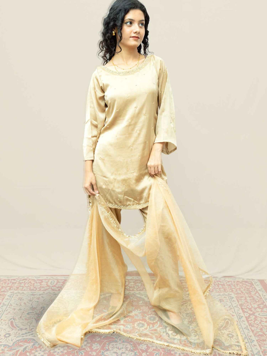 Beige Luxury Ethnic Suit Set with Handcrafted Zardozi Work for Women