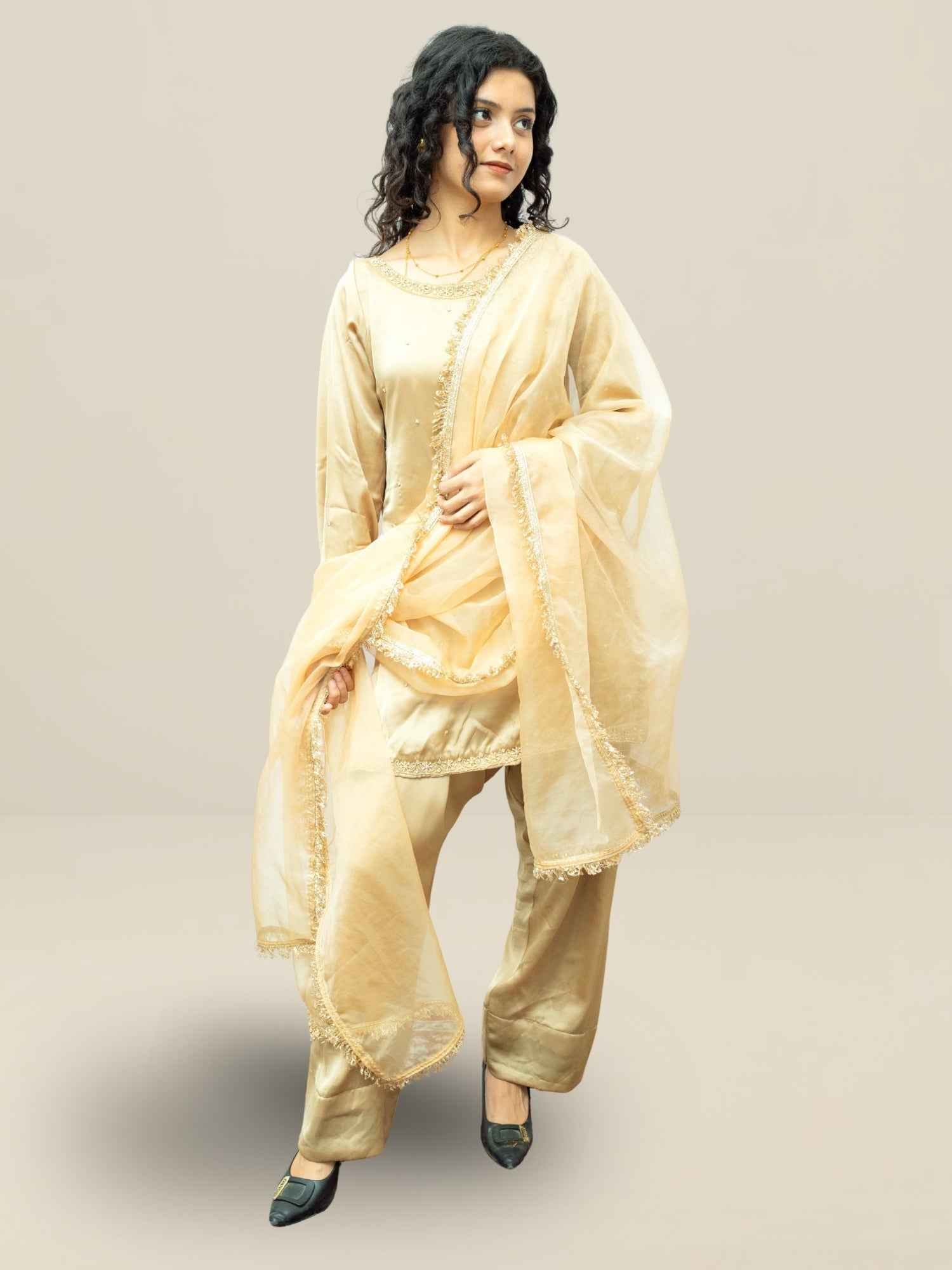 Beige Luxury Ethnic Suit Set with Handcrafted Zardozi Work for Women
