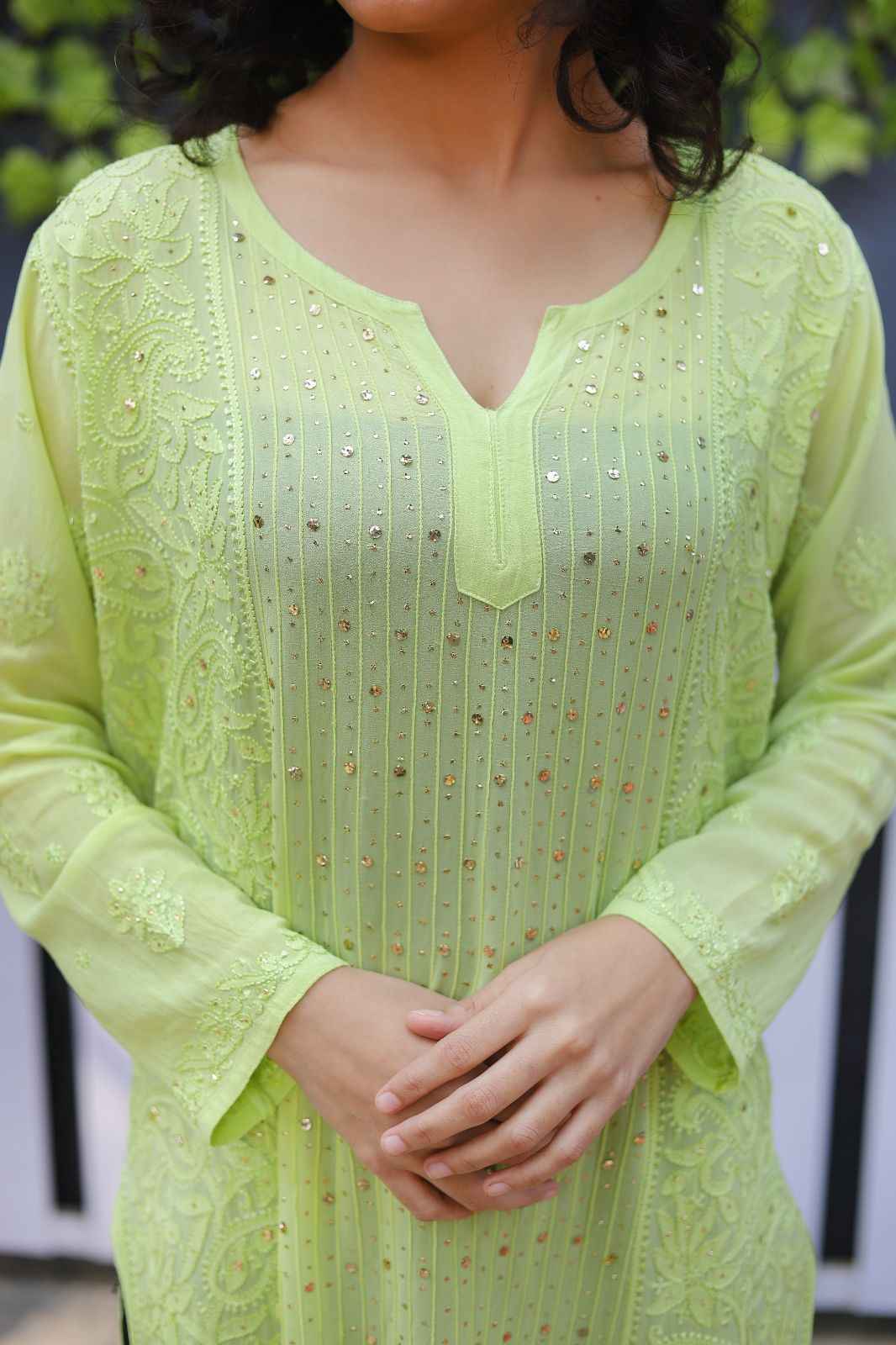 Pari- Lime Green kurti Handcrafted Chikankari with highlight of Mukesh Embroidery