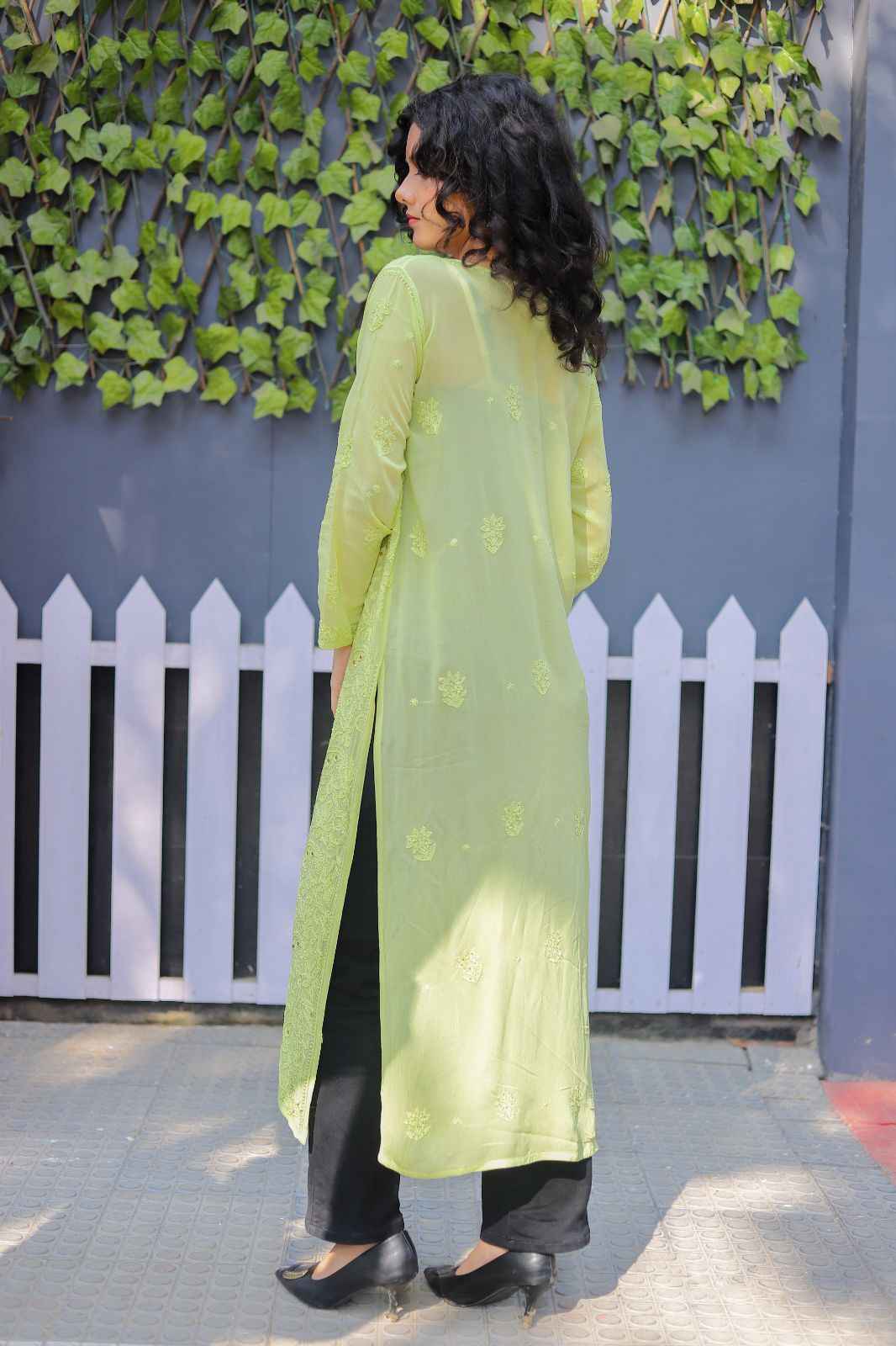 Pari- Lime Green kurti Handcrafted Chikankari with highlight of Mukesh Embroidery