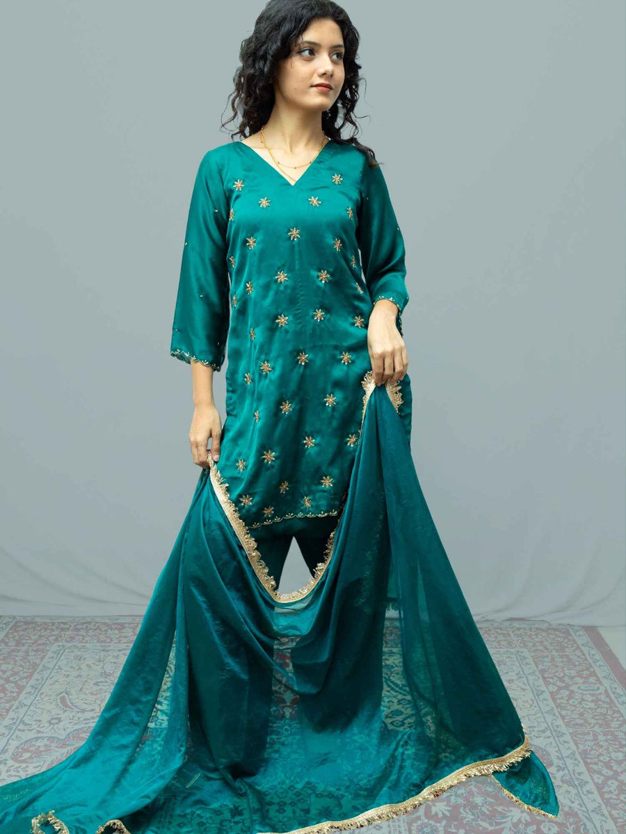 Luxury Peacock Green Modal Satin Zardozi Embroidered Farshi Pant Suit Set for Women