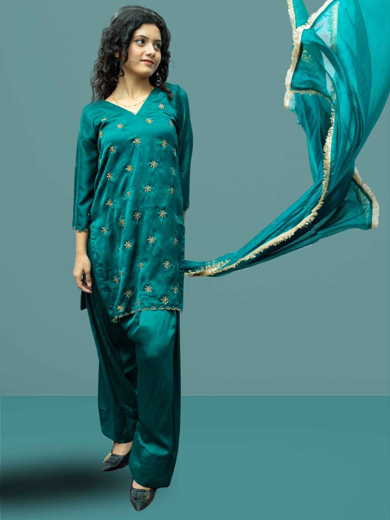 Luxury Peacock Green Modal Satin Zardozi Embroidered Farshi Pant Suit Set for Women