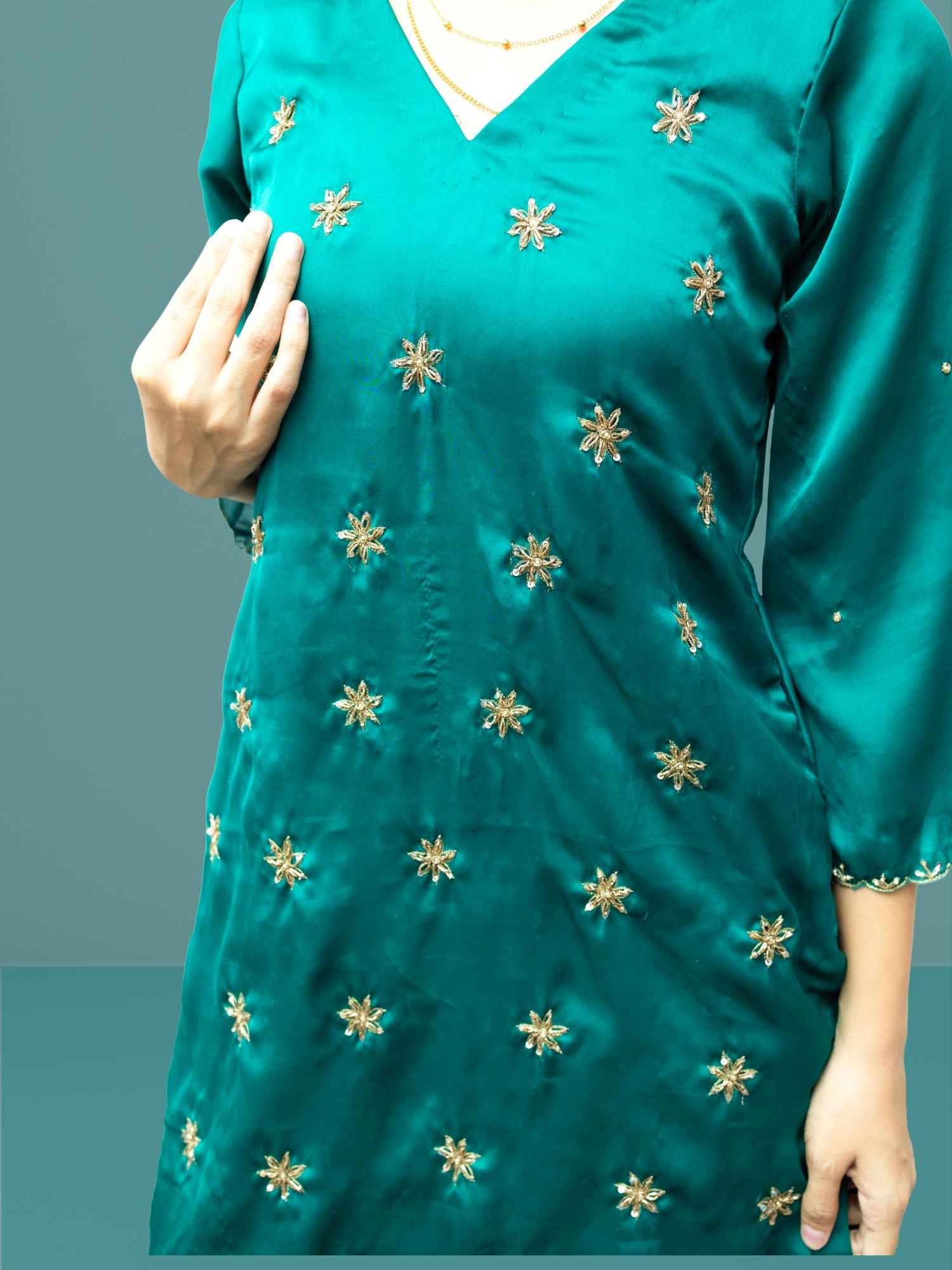 Luxury Peacock Green Modal Satin Zardozi Embroidered Farshi Pant Suit Set for Women