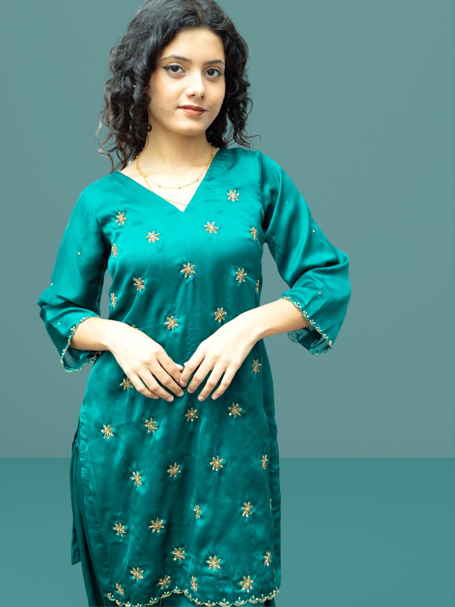 Luxury Peacock Green Modal Satin Zardozi Embroidered Farshi Pant Suit Set for Women