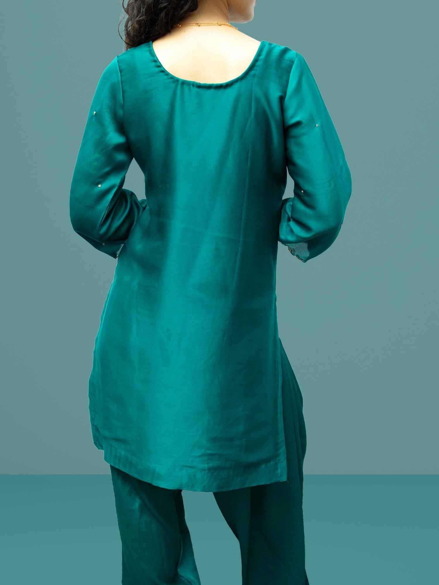 Luxury Peacock Green Modal Satin Zardozi Embroidered Farshi Pant Suit Set for Women