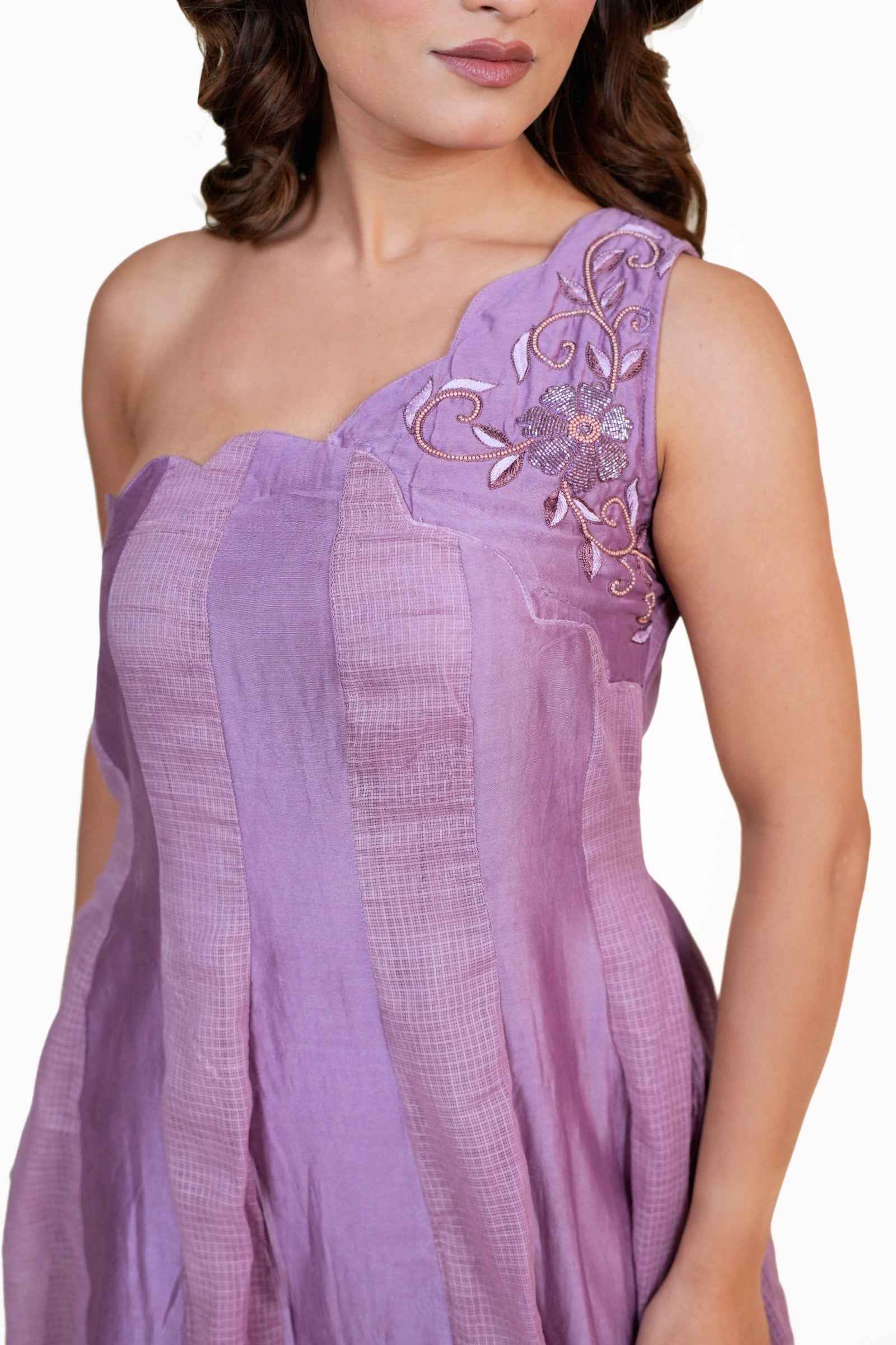 Tabeer - One Shoulder Chanderi and Kota Anarkali Set