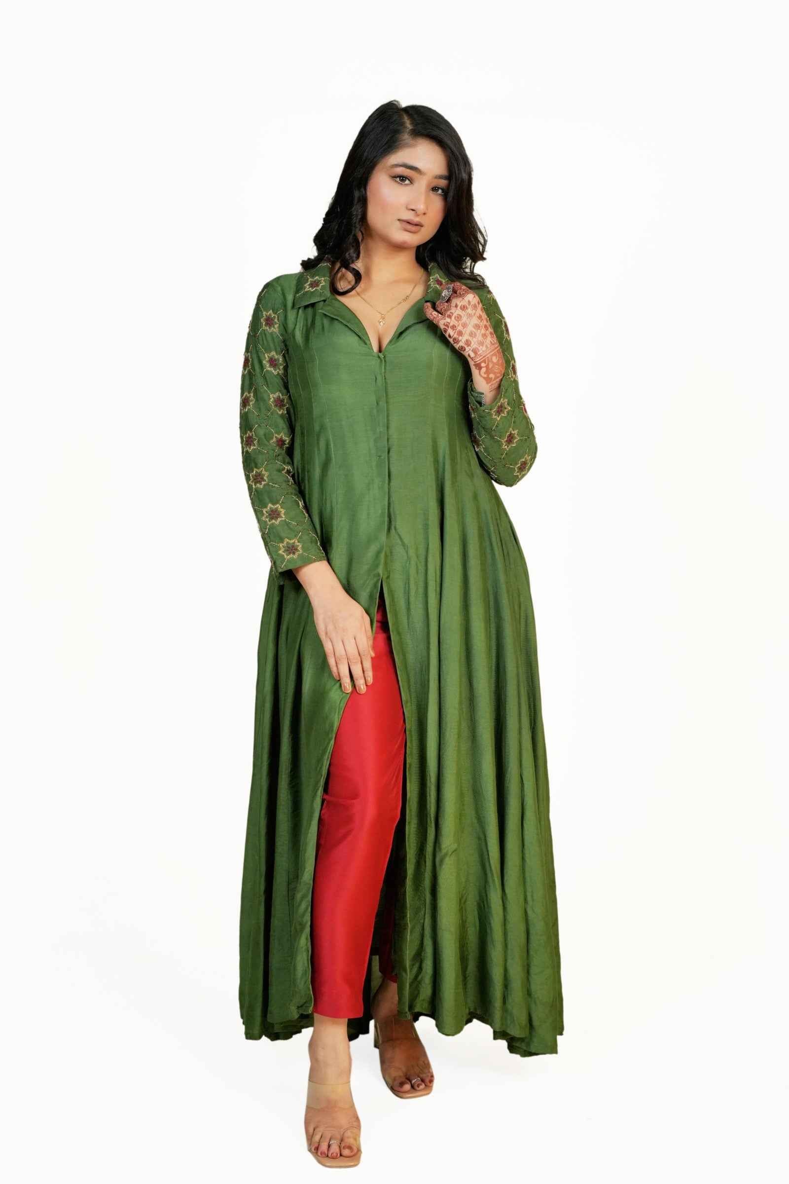Ada-Green Coat Collar Anarkali And Maroon Pant With Chikankari And Zardozi Hand Embroidery