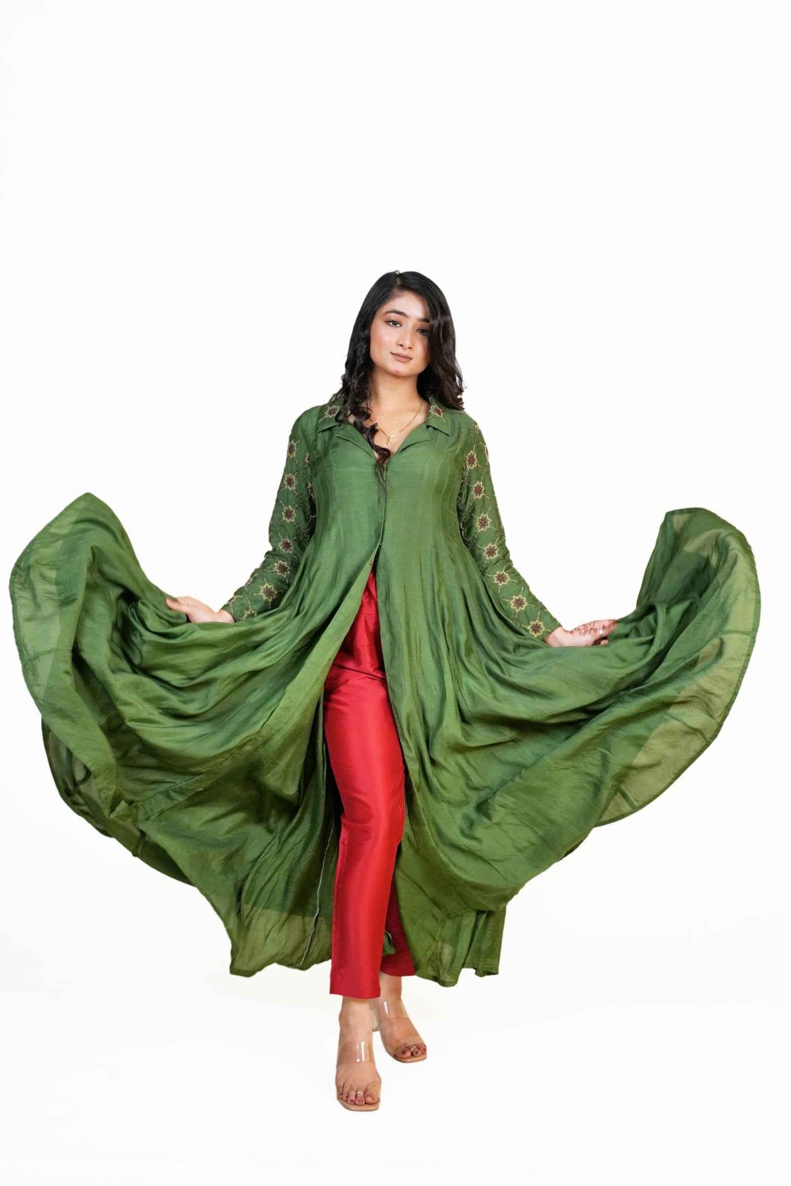 Ada-Green Coat Collar Anarkali And Maroon Pant With Chikankari And Zardozi Hand Embroidery