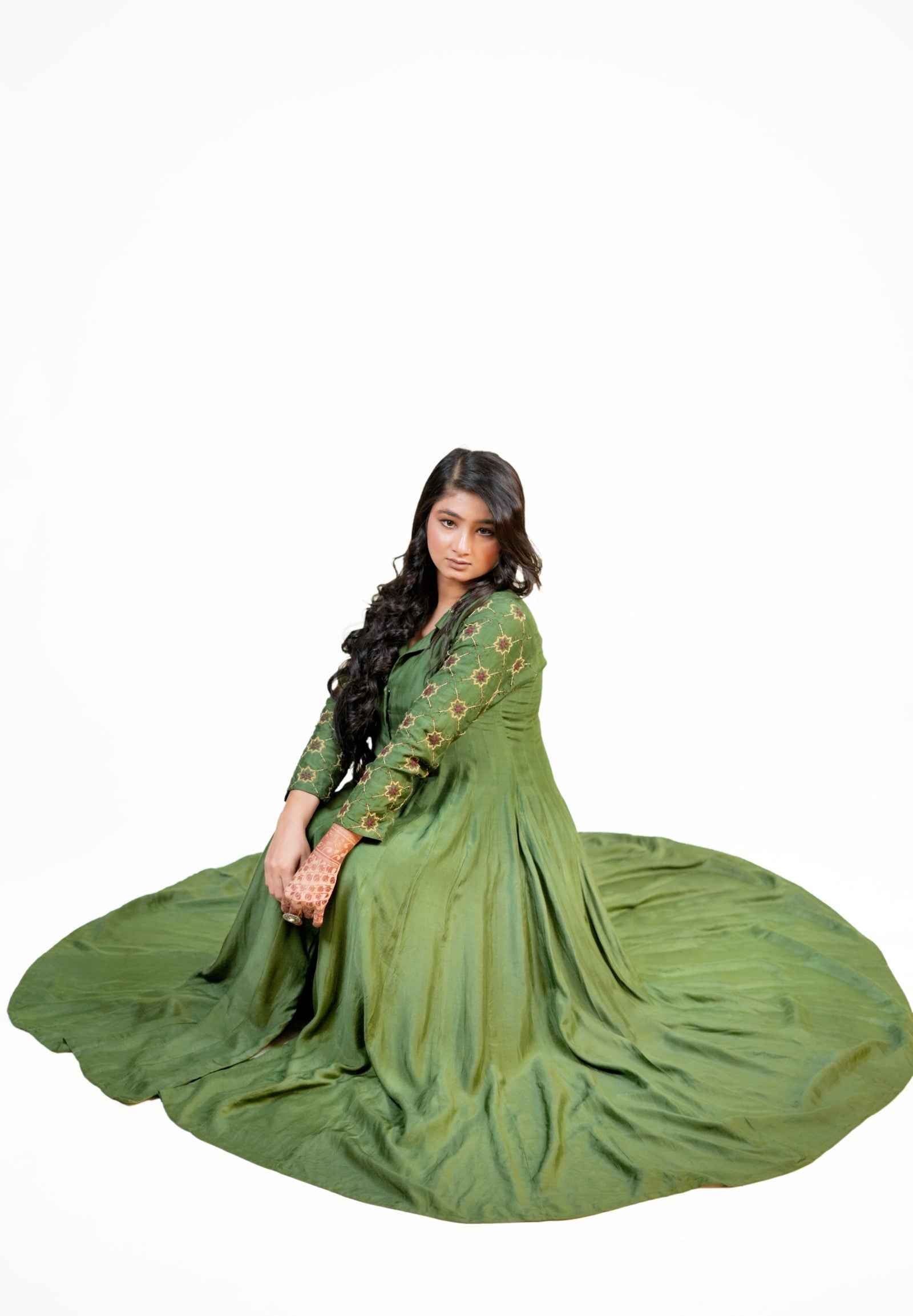 Ada-Green Coat Collar Anarkali And Maroon Pant With Chikankari And Zardozi Hand Embroidery