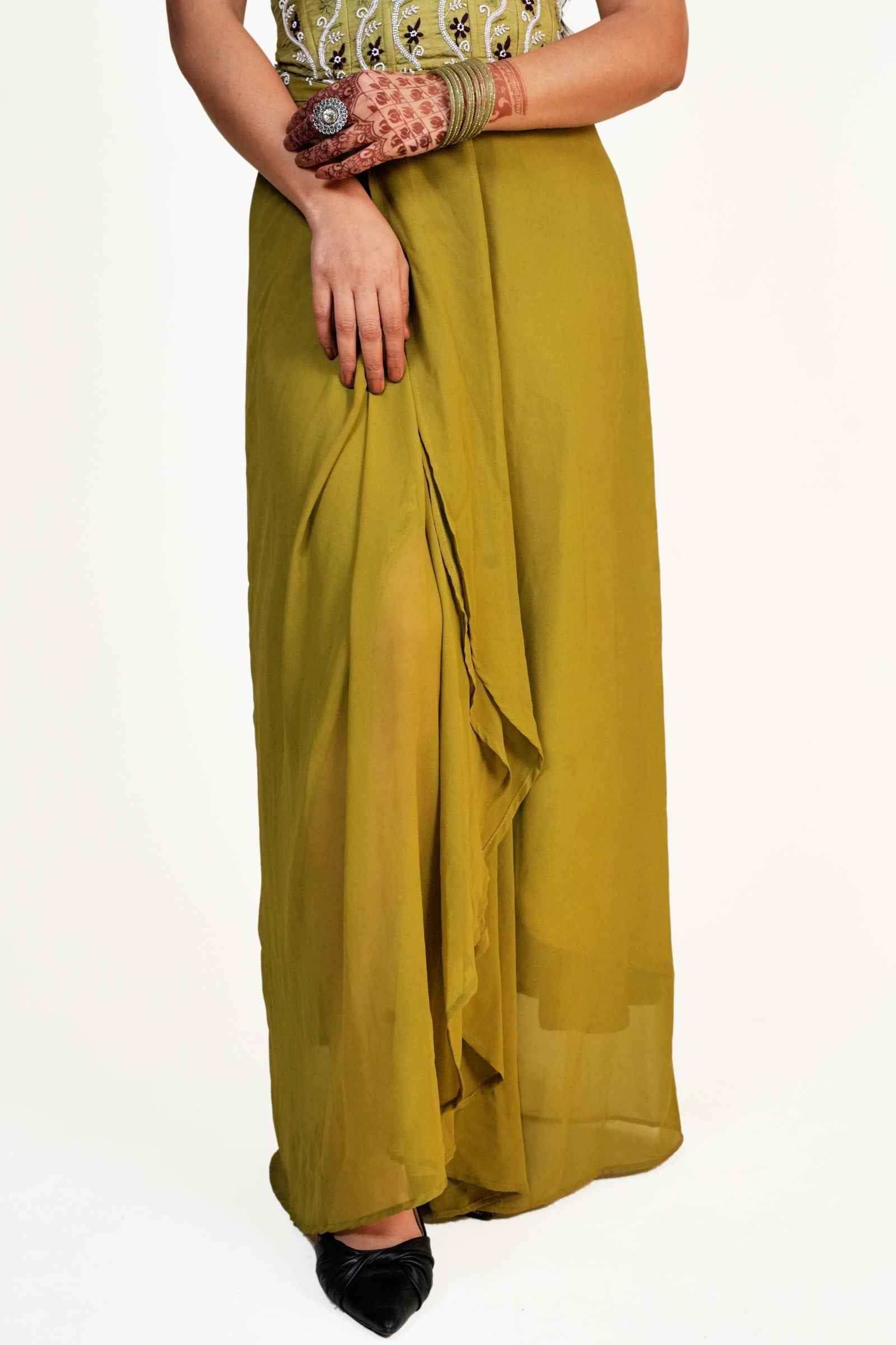 Khwab Olive Green Corset and Pleated Skirt with Chikankari and Zardozi Embroidery