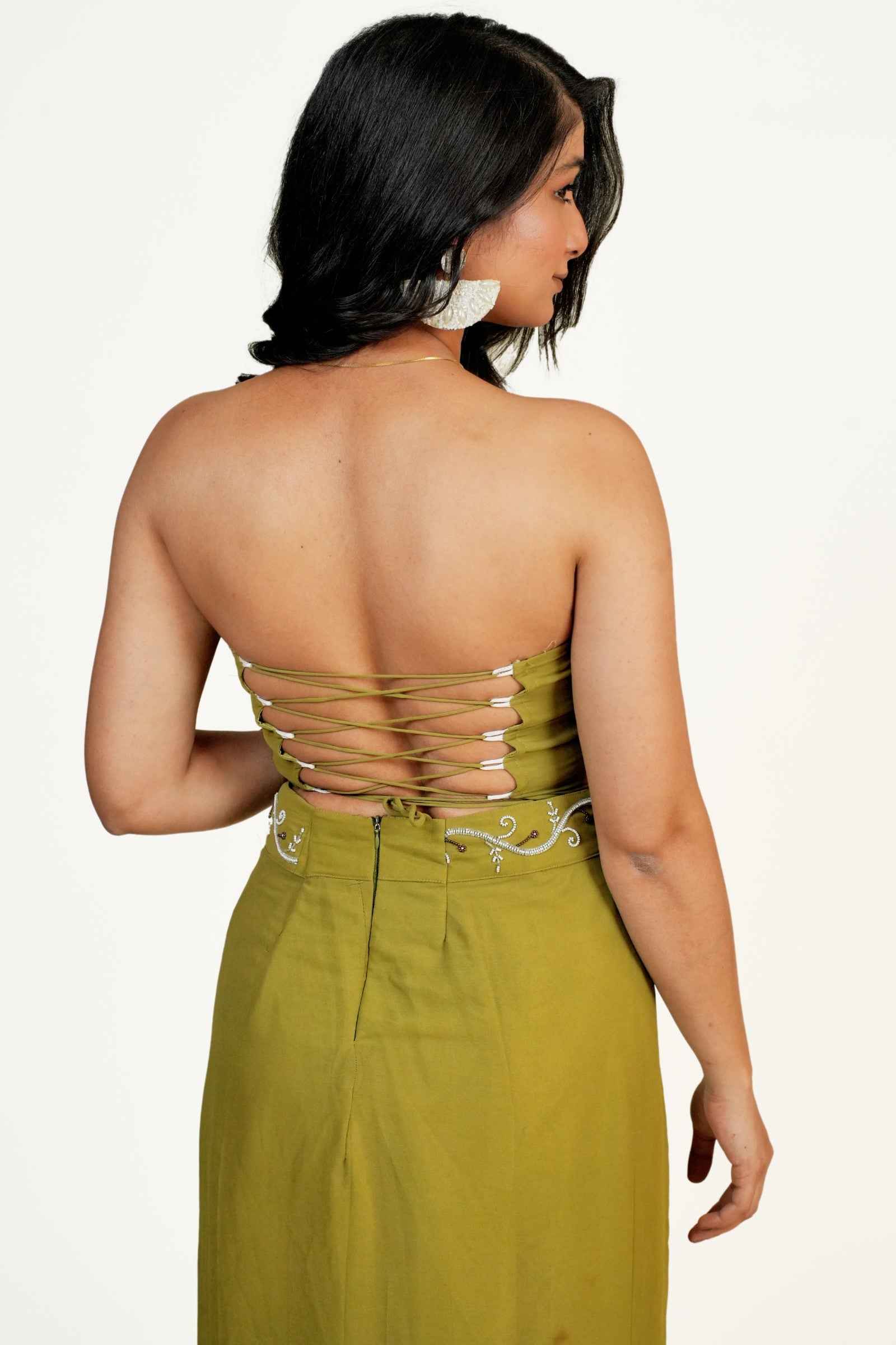 Khwab Olive Green Corset and Pleated Skirt with Chikankari and Zardozi Embroidery
