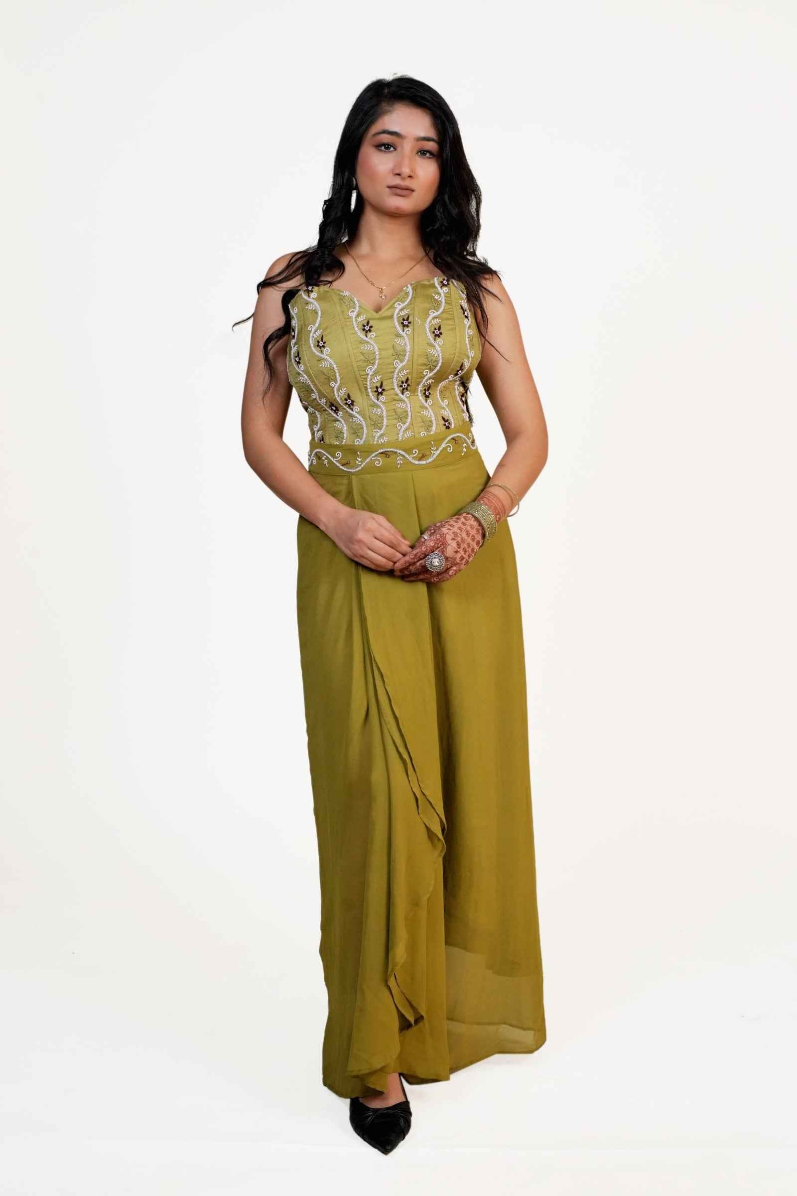 Khwab Olive Green Corset and Pleated Skirt with Chikankari and Zardozi Embroidery