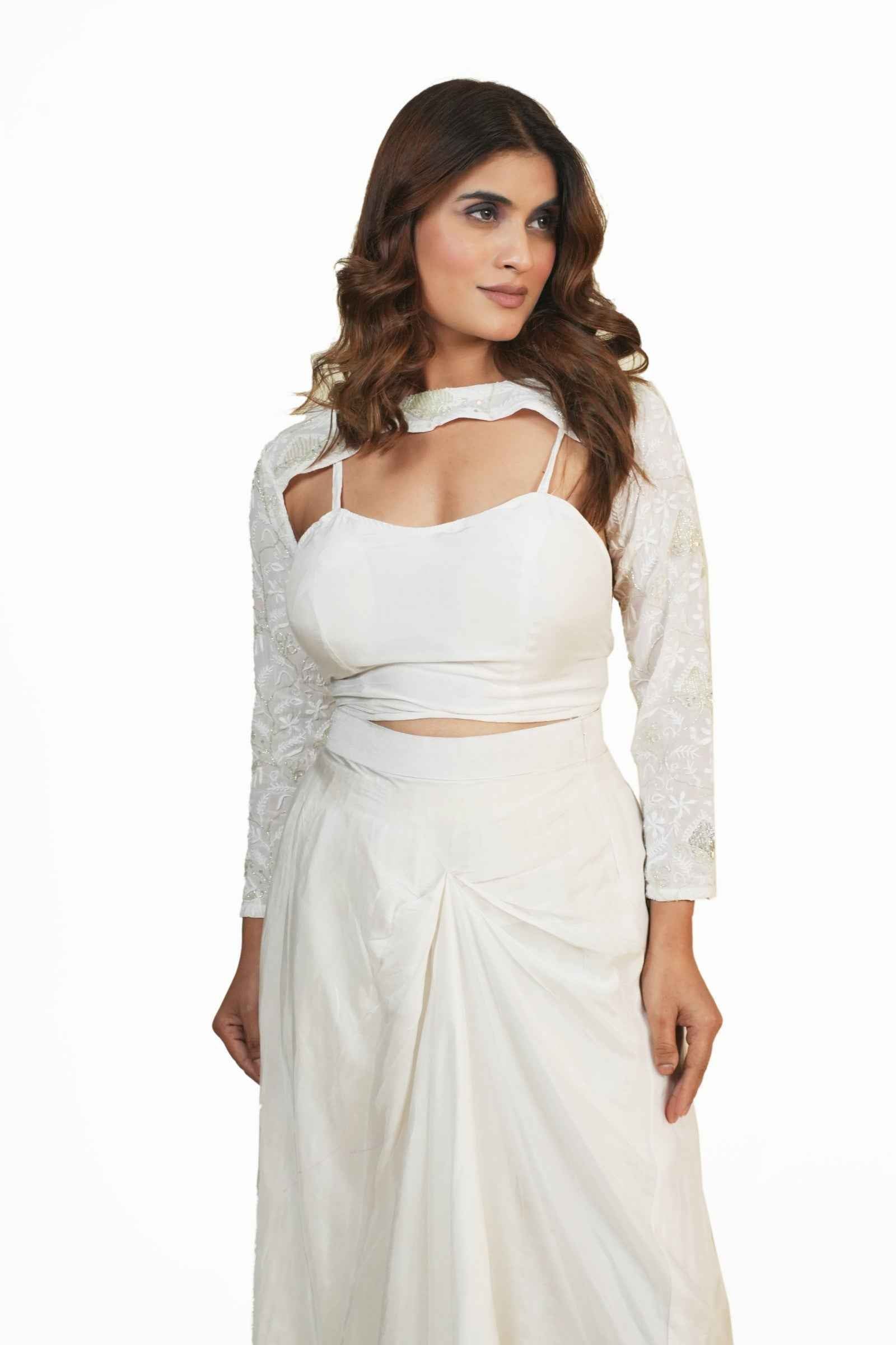 Kavya-White Choker Top Set with Long Sleeves, Corset, Plated Skirt, and Handcrafted Chikankari & Zardogi Embroidery