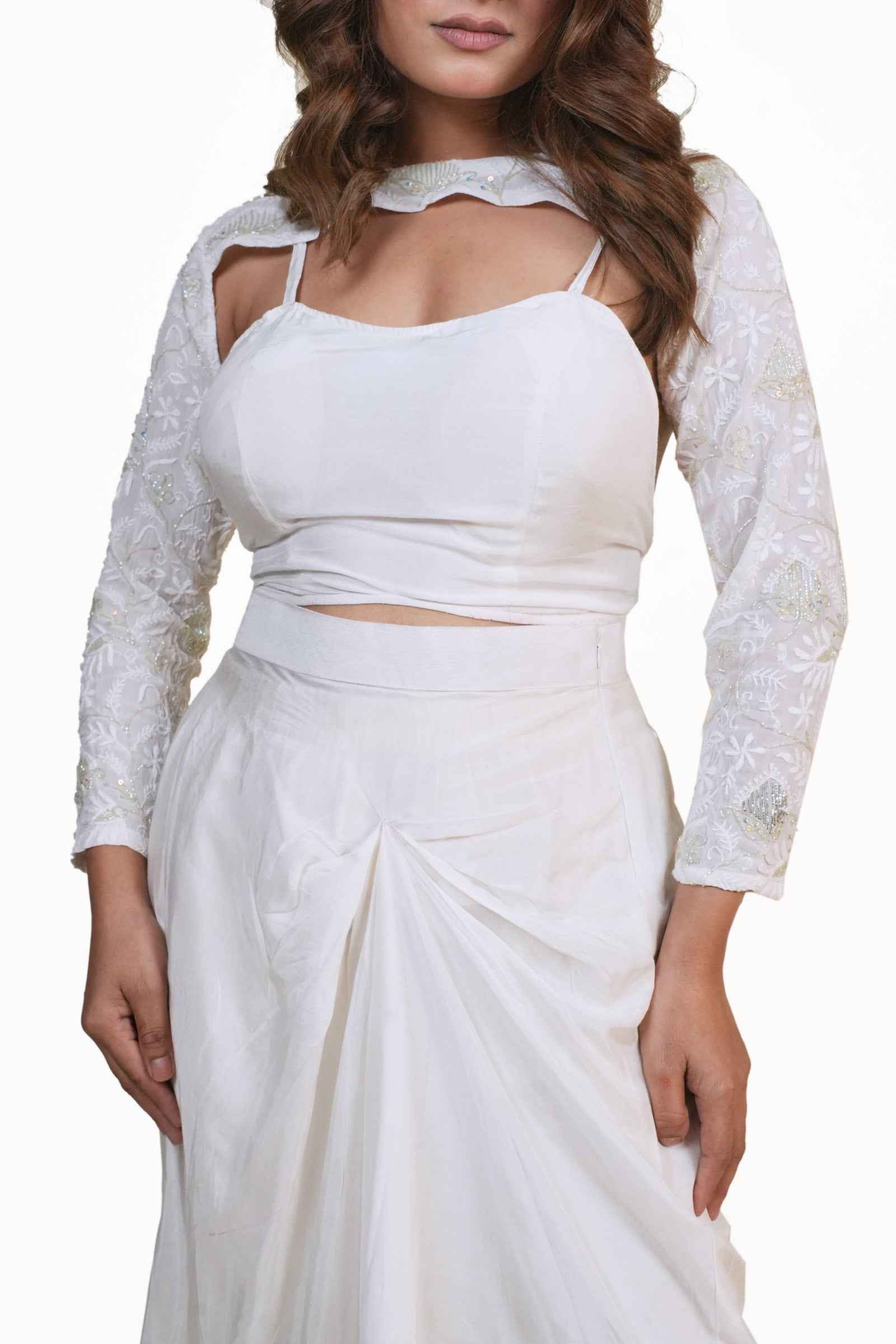 Kavya-White Choker Top Set with Long Sleeves, Corset, Plated Skirt, and Handcrafted Chikankari & Zardogi Embroidery