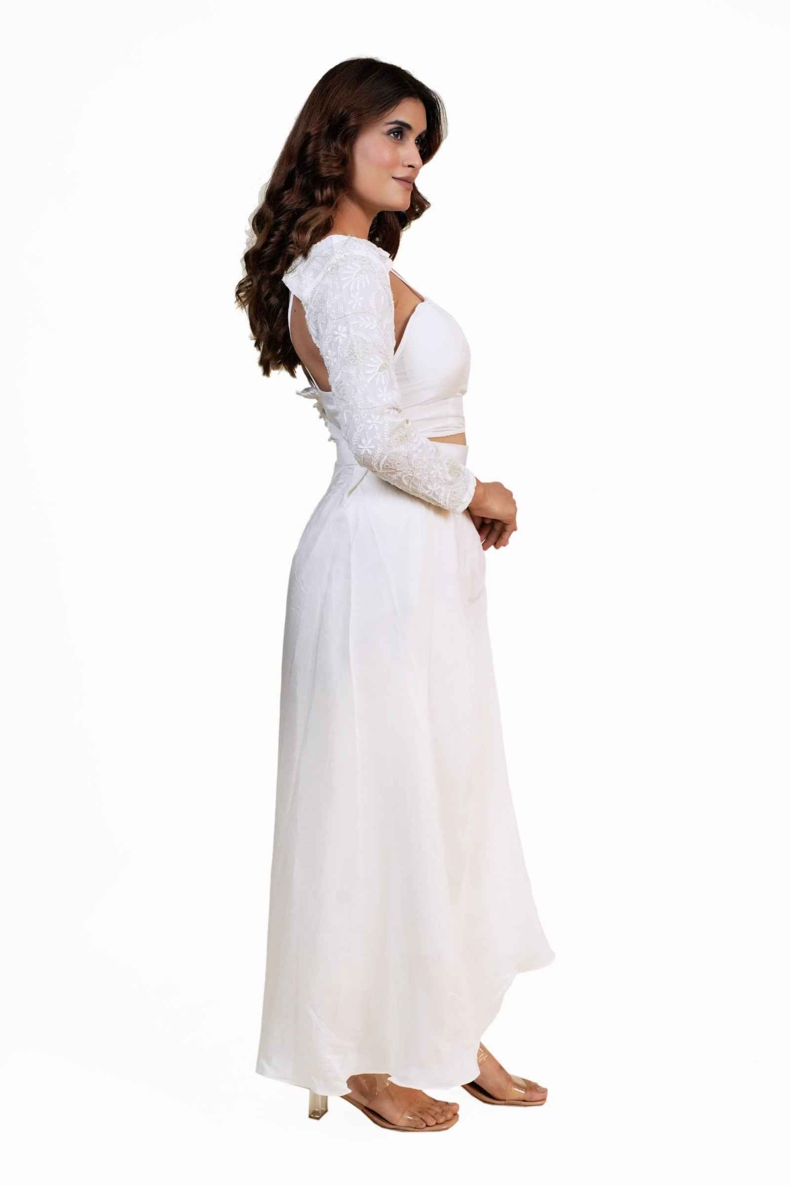 Kavya-White Choker Top Set with Long Sleeves, Corset, Plated Skirt, and Handcrafted Chikankari & Zardogi Embroidery