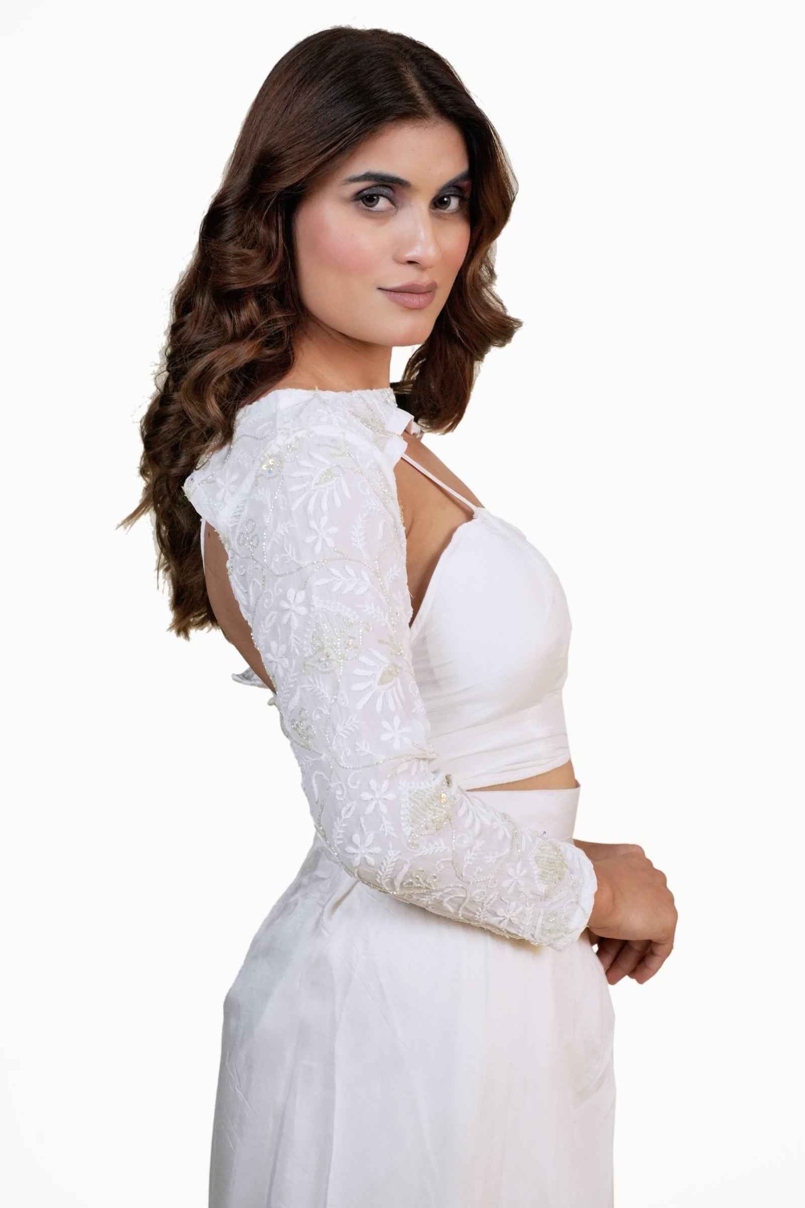 Kavya-White Choker Top Set with Long Sleeves, Corset, Plated Skirt, and Handcrafted Chikankari & Zardogi Embroidery