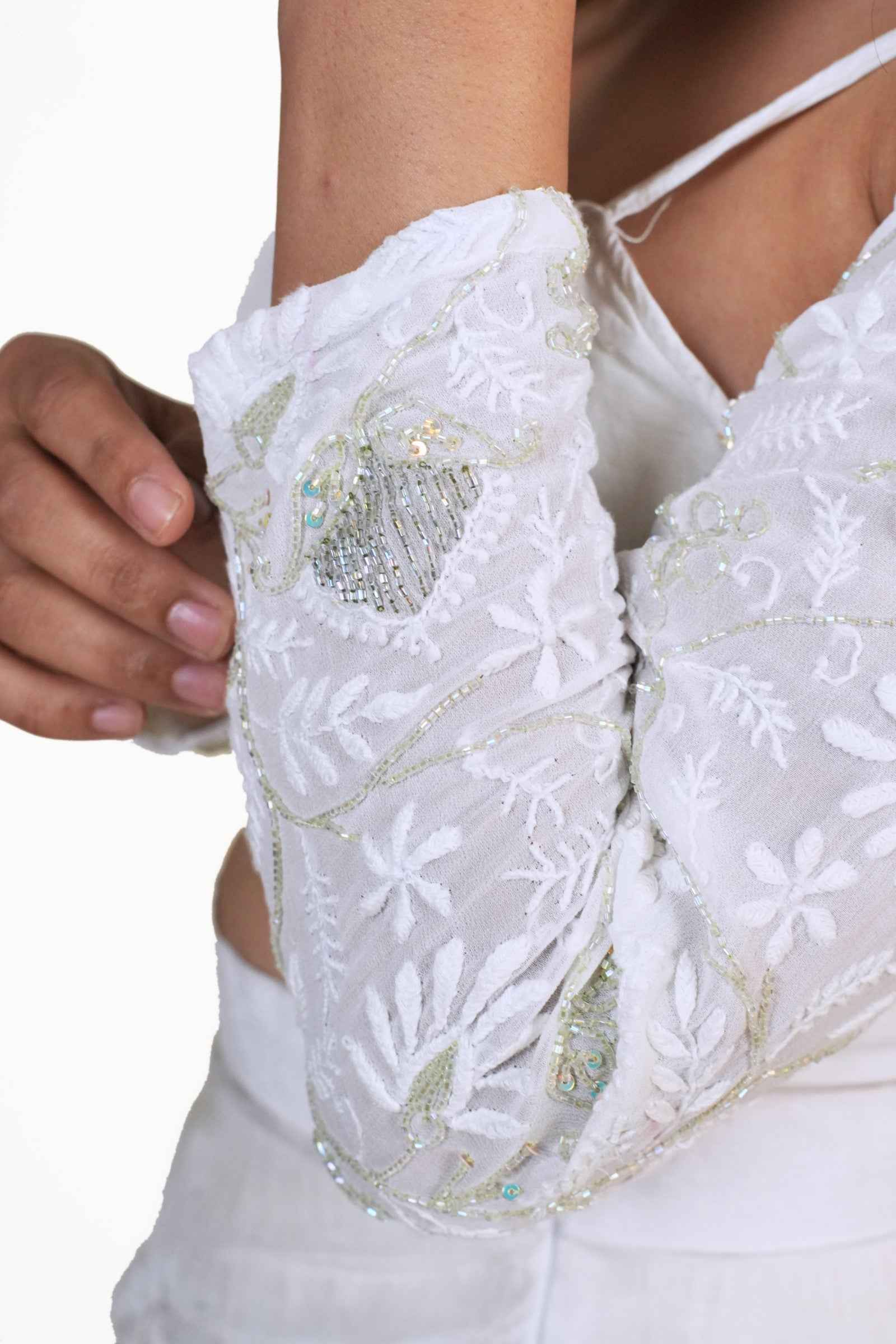 Kavya-White Choker Top Set with Long Sleeves, Corset, Plated Skirt, and Handcrafted Chikankari & Zardogi Embroidery