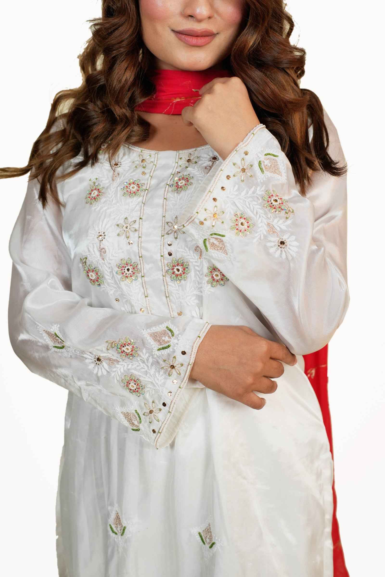 Meera-White Hand Crafted Chikankari Zardozi Suit Set with Red Dupatta