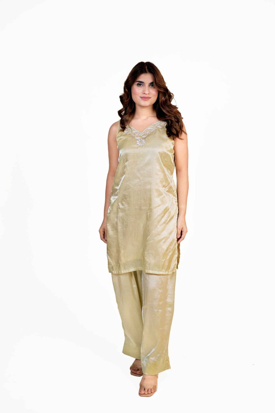 Dusty Green Designer Sleeveless Kurta & Farshi Pant Handcrafted Embroidery