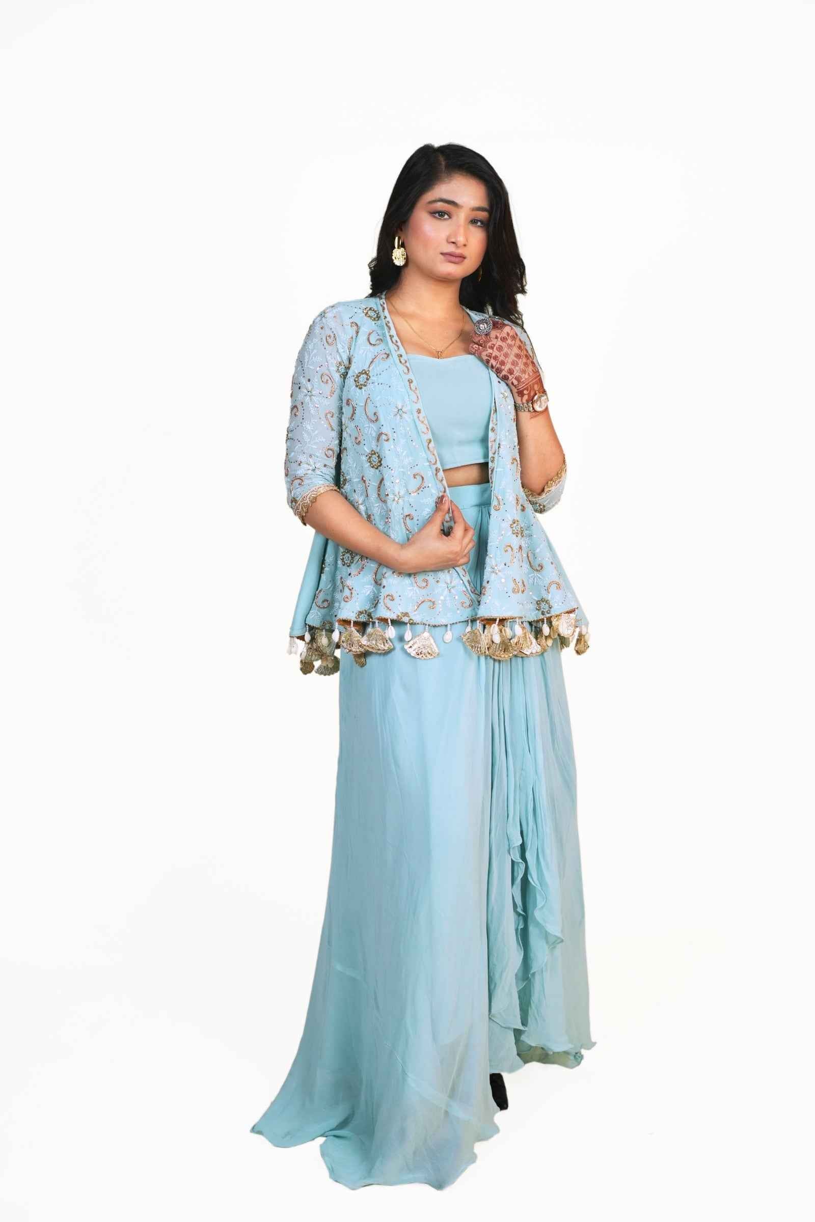 Vanya- Powder Blue Pure Georgette Front-Open Top & Pleated Skirt Set With Handcrafted Chikankari & Zardozi Embroidery