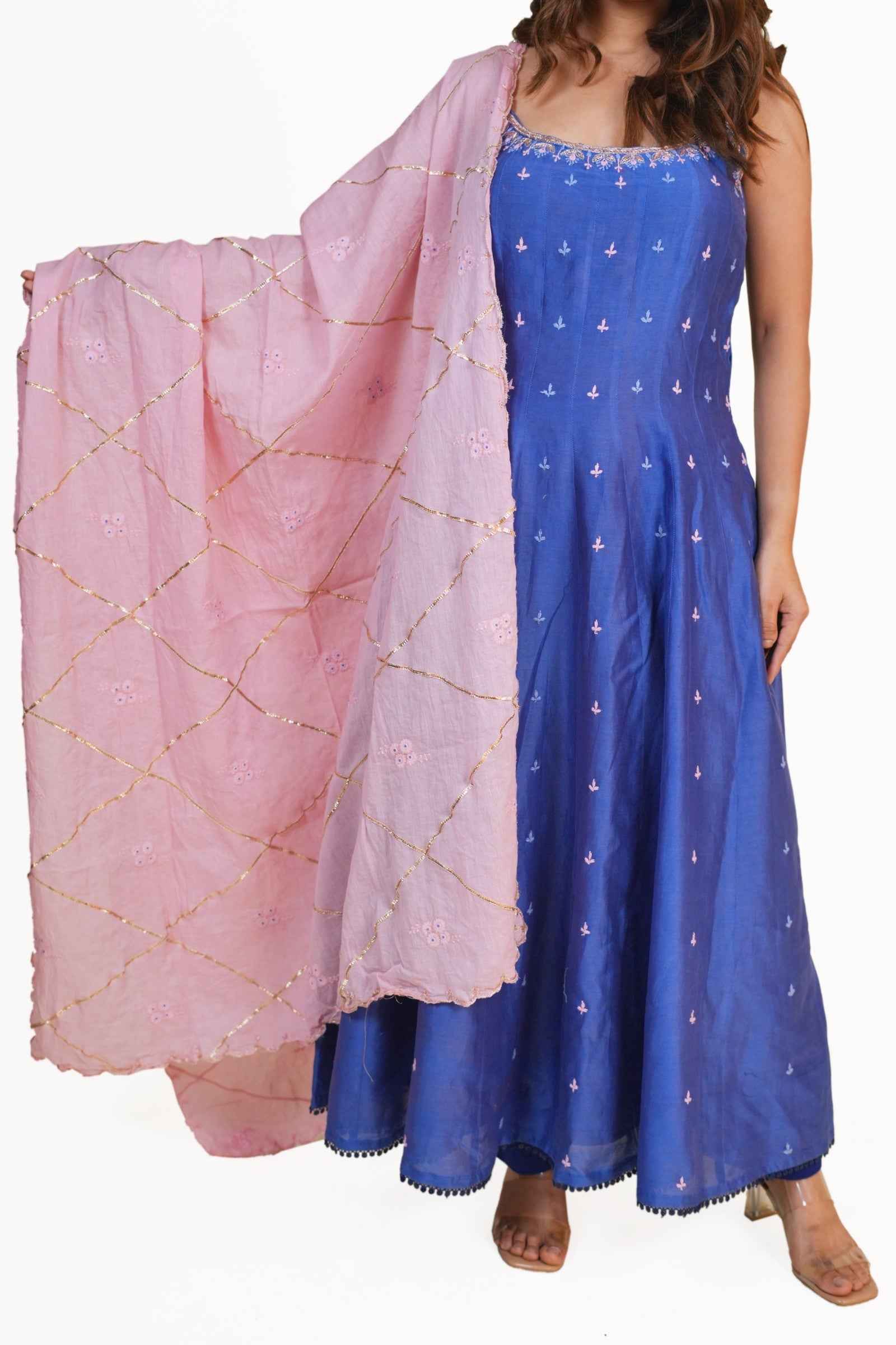 Maya Blue Mul Chanderi Anarkali Set with Pink Dupatta and Chikankari-Zardozi Embroidery