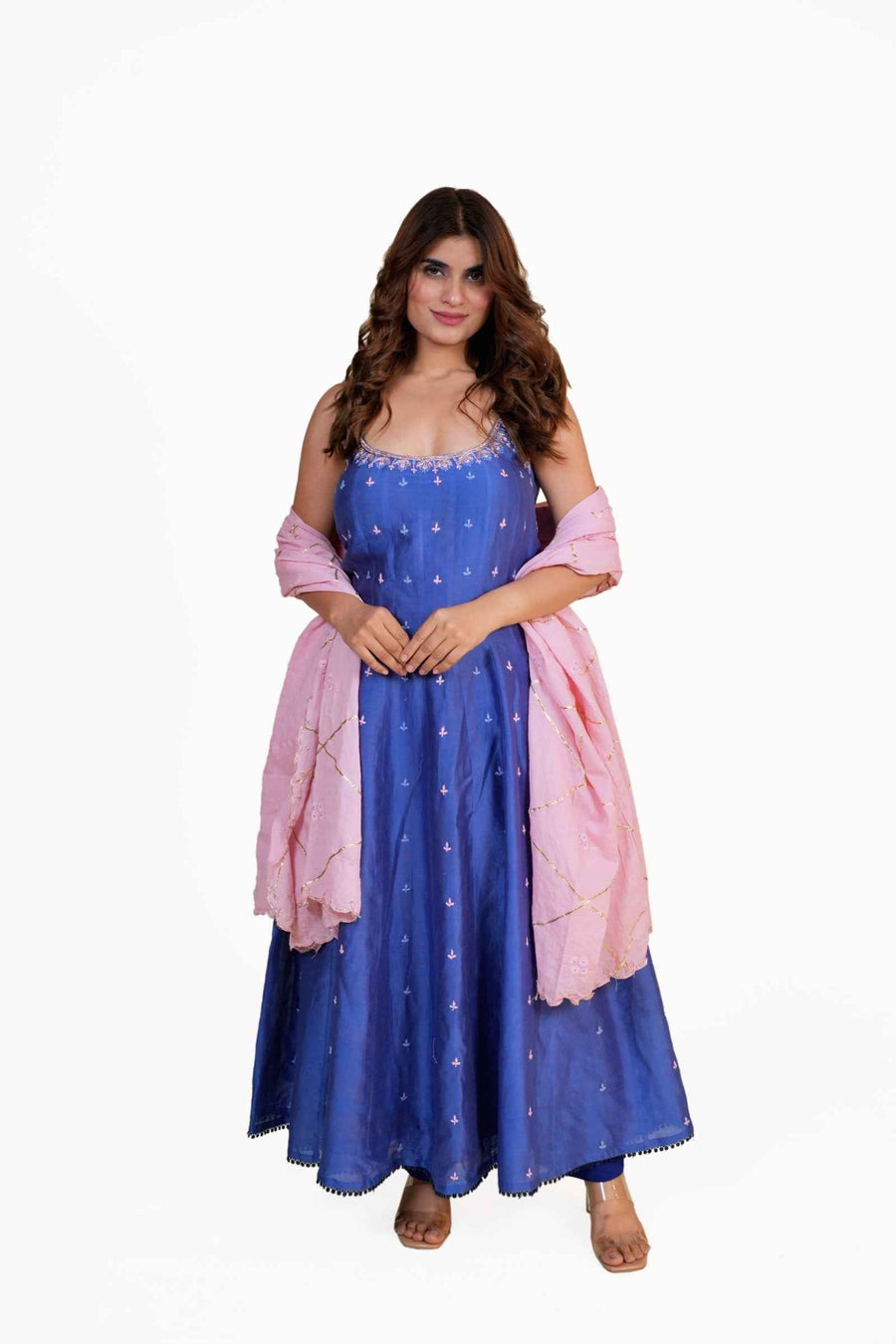 Maya Blue Mul Chanderi Anarkali Set with Pink Dupatta and Chikankari-Zardozi Embroidery